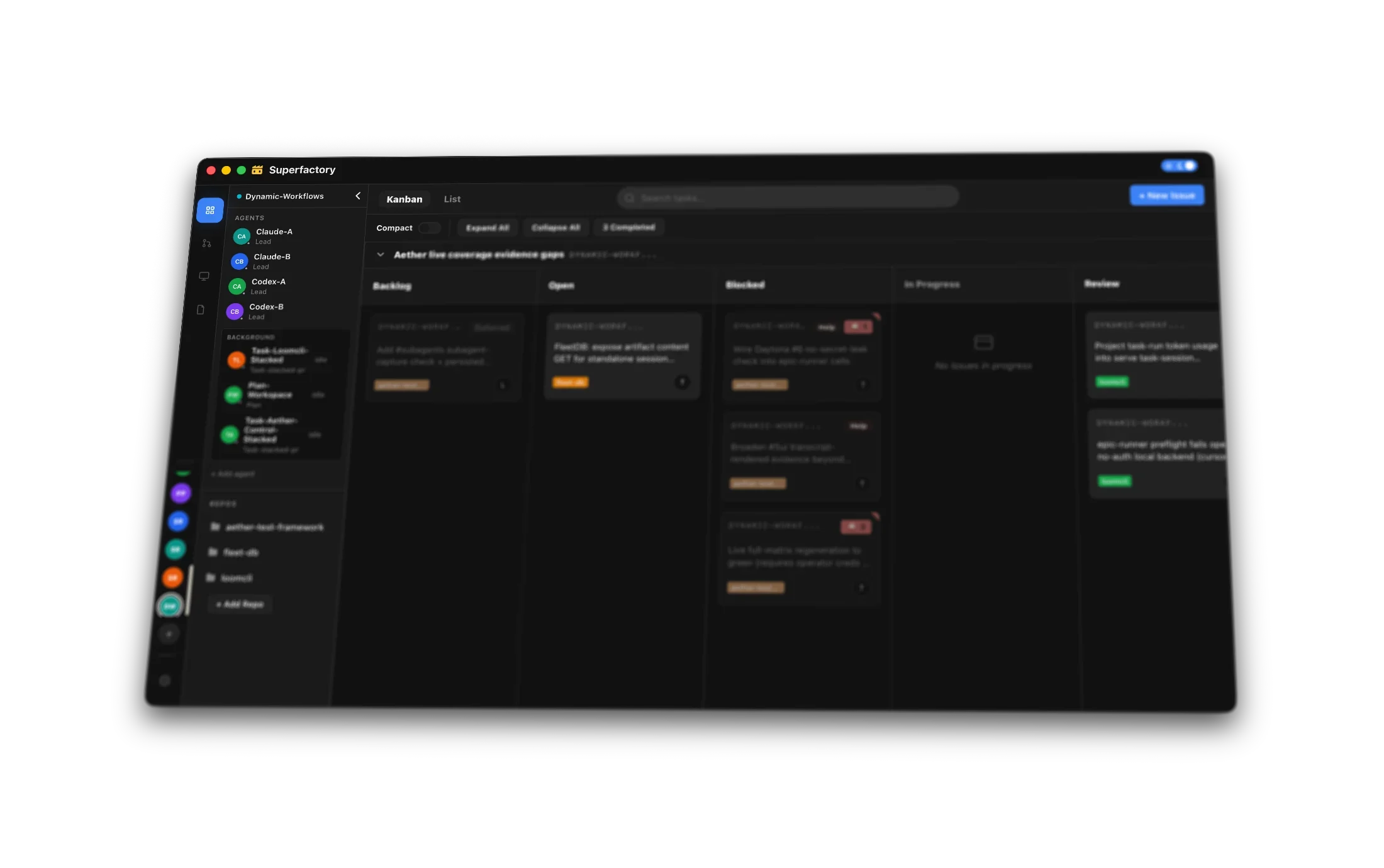 Wide tilted view of the Superfactory workspace showing coding agents, repositories, and a Kanban board