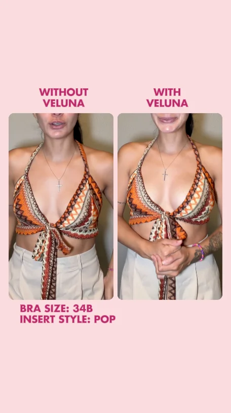 Original without-Pop and with-Pop comparison, tie-front top, supplied bra size 34B.