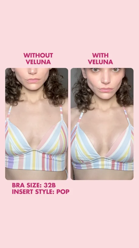 Original VELUNA without-Pop and with-Pop outfit comparison, supplied bra-size label 32B.