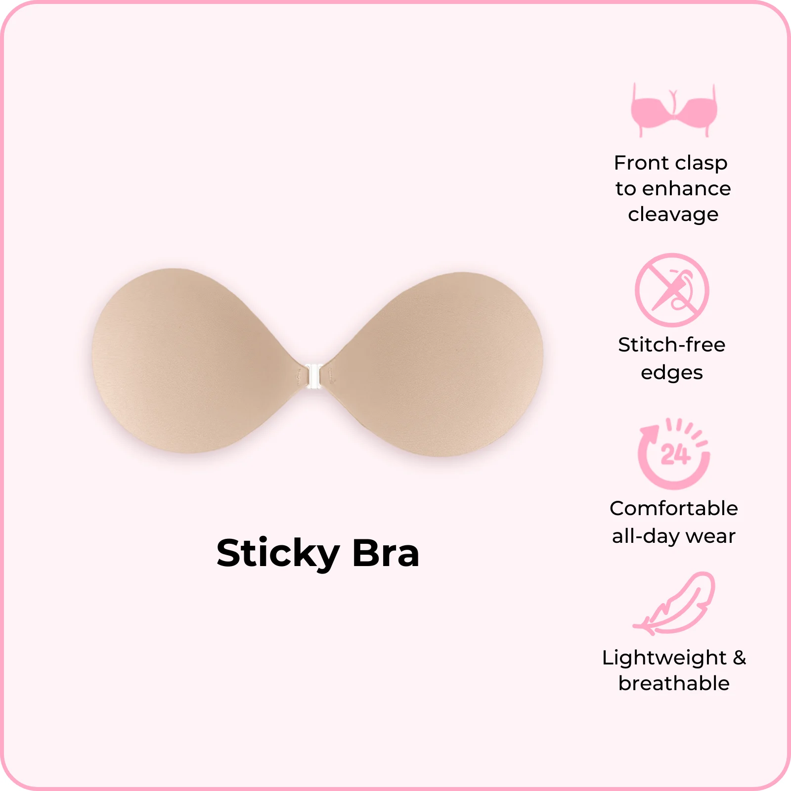 Official BOOMBA Sticky Bra graphic with clasped cups and brand comfort claims.