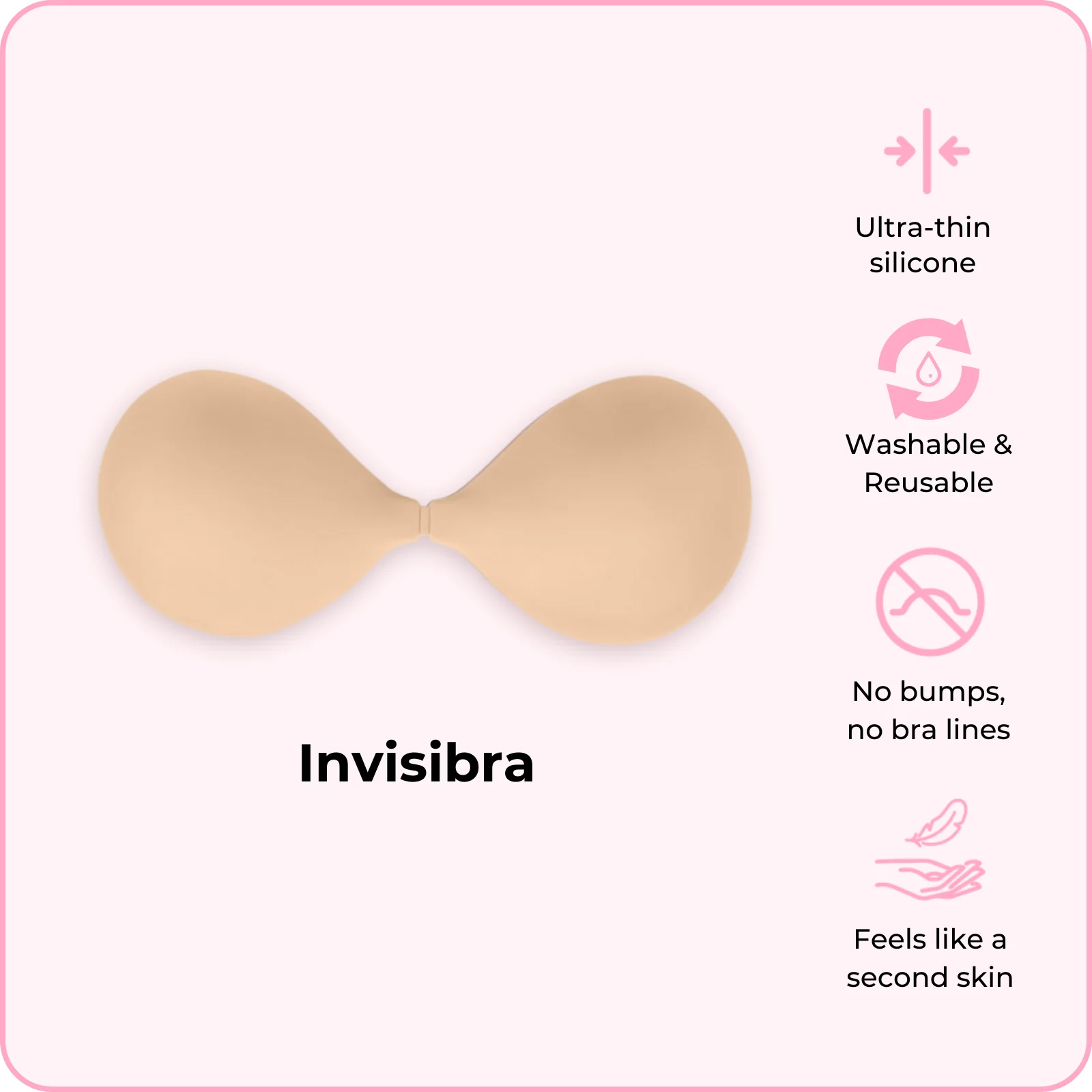 Official BOOMBA Invisibra graphic showing clasped cups and its ultra-thin silicone claim.