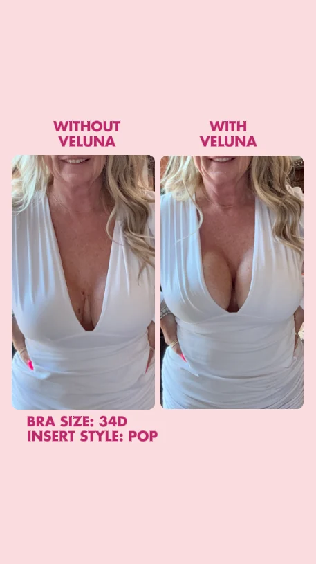 Original without-Pop and with-Pop comparison, white v-neck top, supplied bra size 34D.