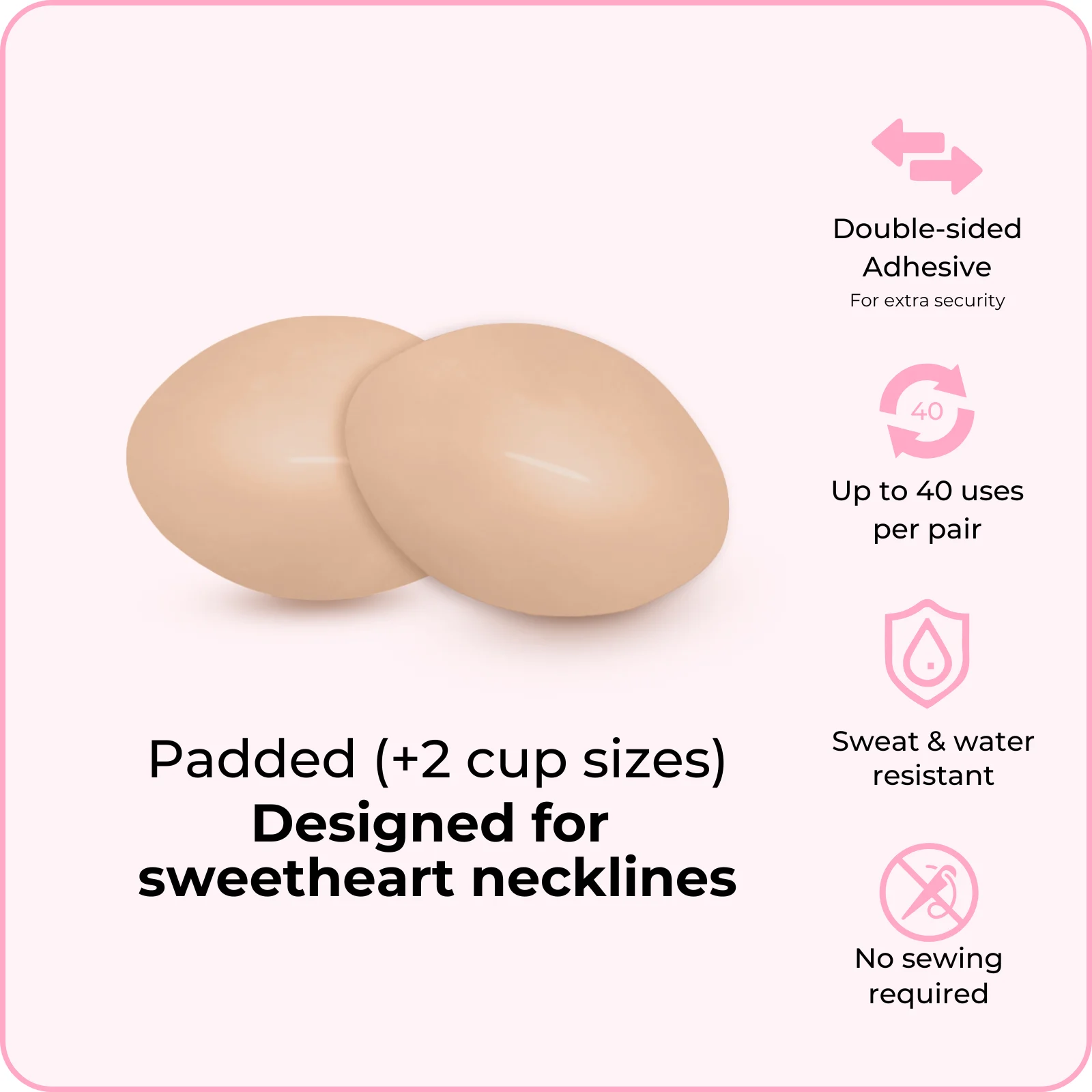 BOOMBA Demi Boost official graphic showing its rounded demi shape and the brand's sweetheart-neckline claims.
