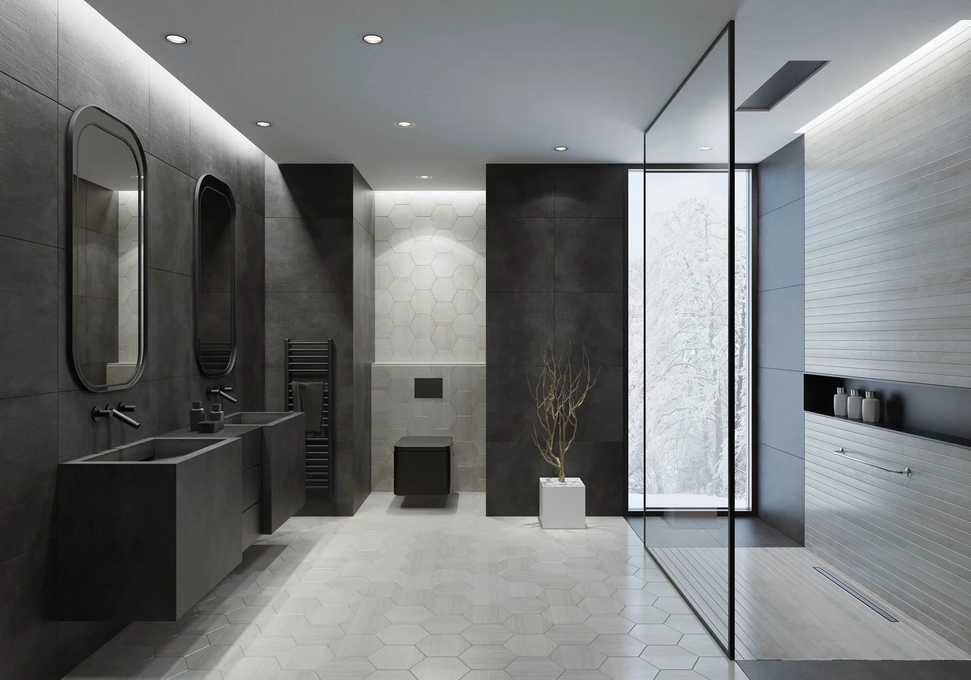 Modernes Badezimmer mit freistehender Badewanne und Blick über die Stadt am Abend
