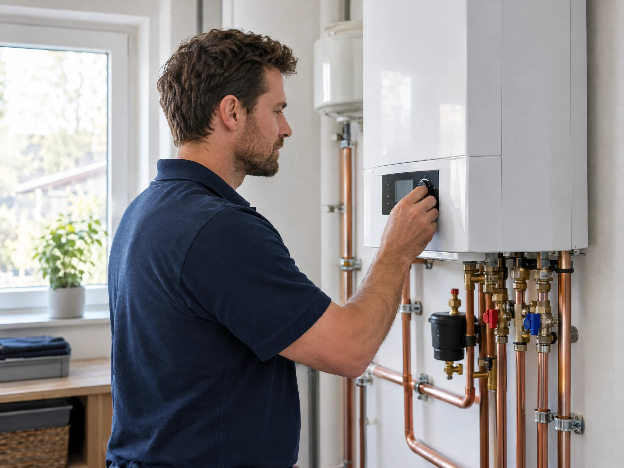 Heizungstechniker stellt eine moderne Gastherme ein