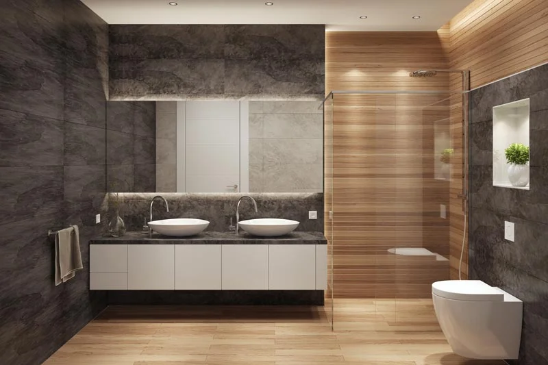 Modernes Badezimmer mit Waschtisch und bodengleicher Dusche