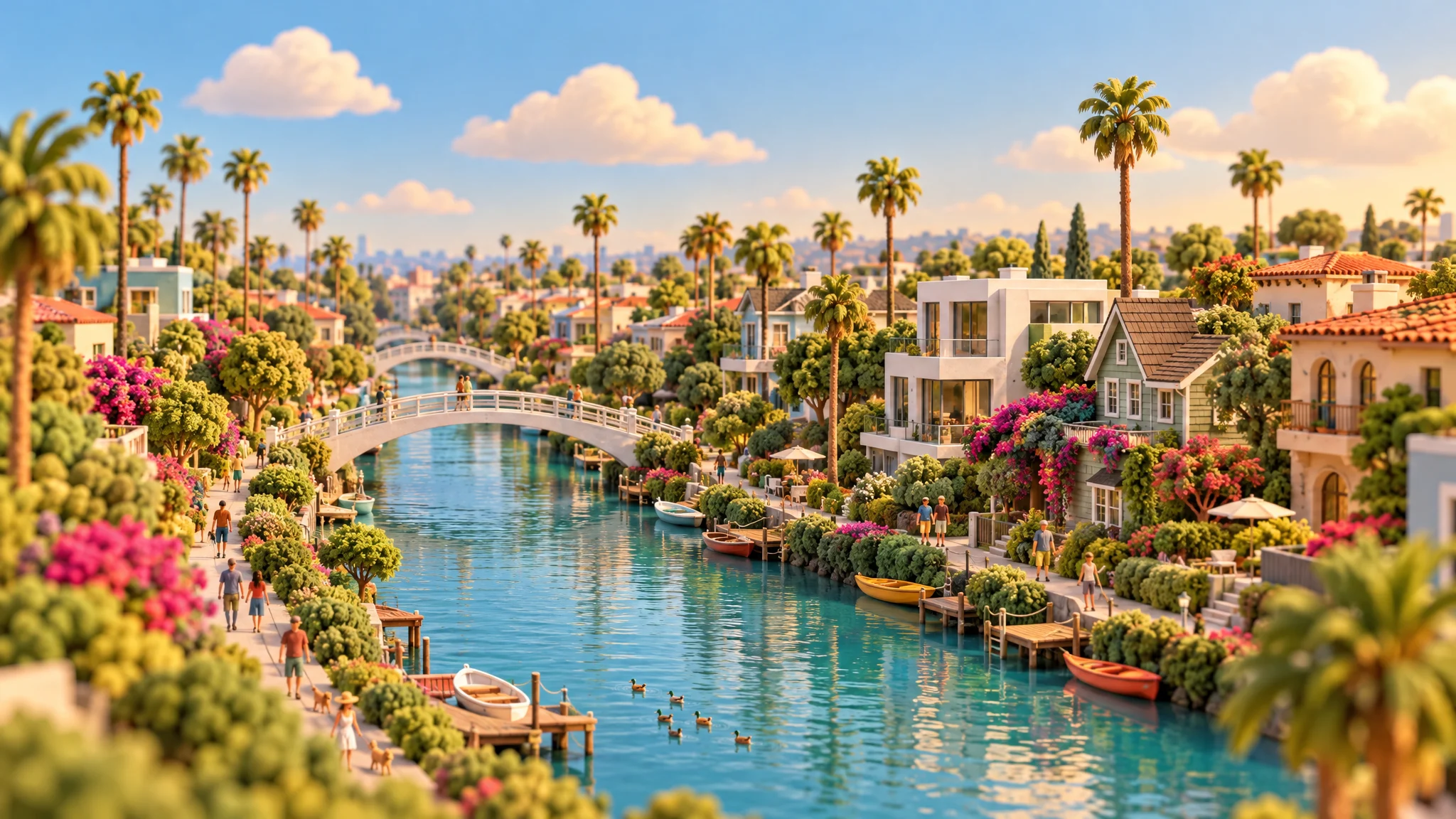 3D illustration of the Venice Canals with white footbridges, small docks, and canal homes