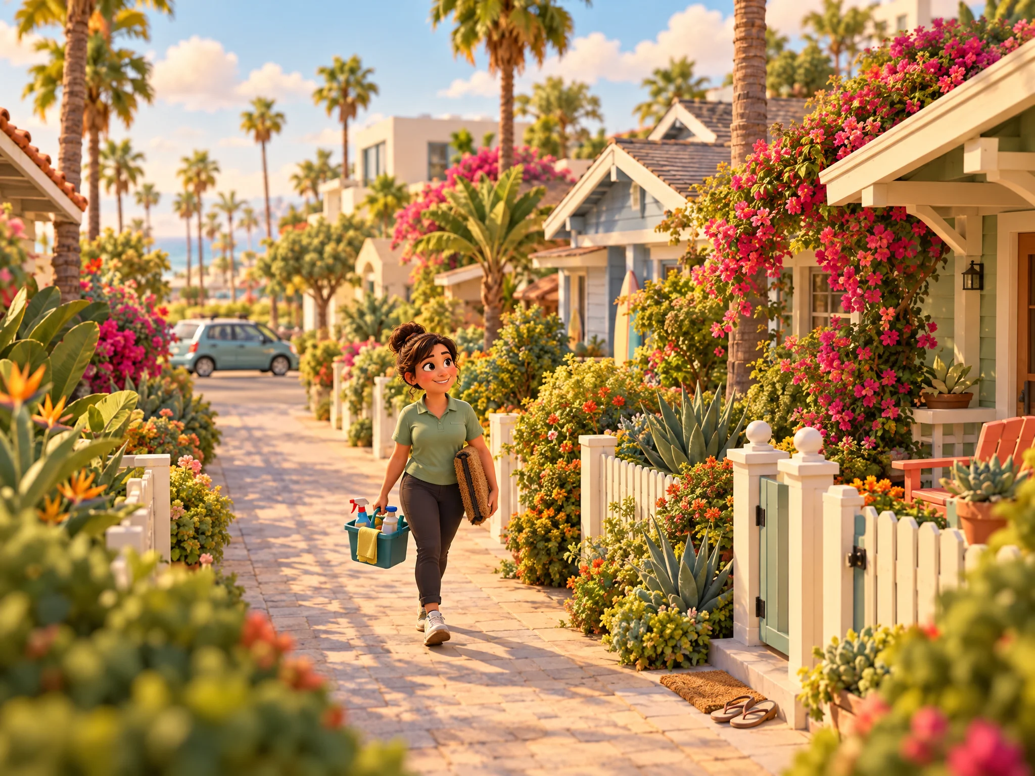 3D illustration of a cleaner carrying a supply caddy up a Venice walk street from the cross street where her car is parked