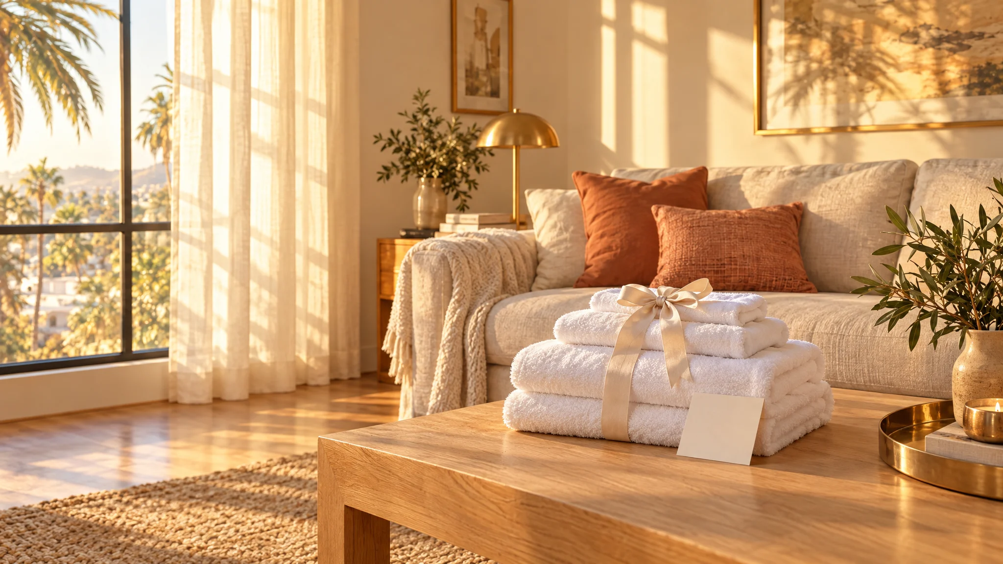 A sunlit Los Angeles vacation rental living room reset for the next guest, with a stack of ribbon-tied towels and a welcome card on the coffee table