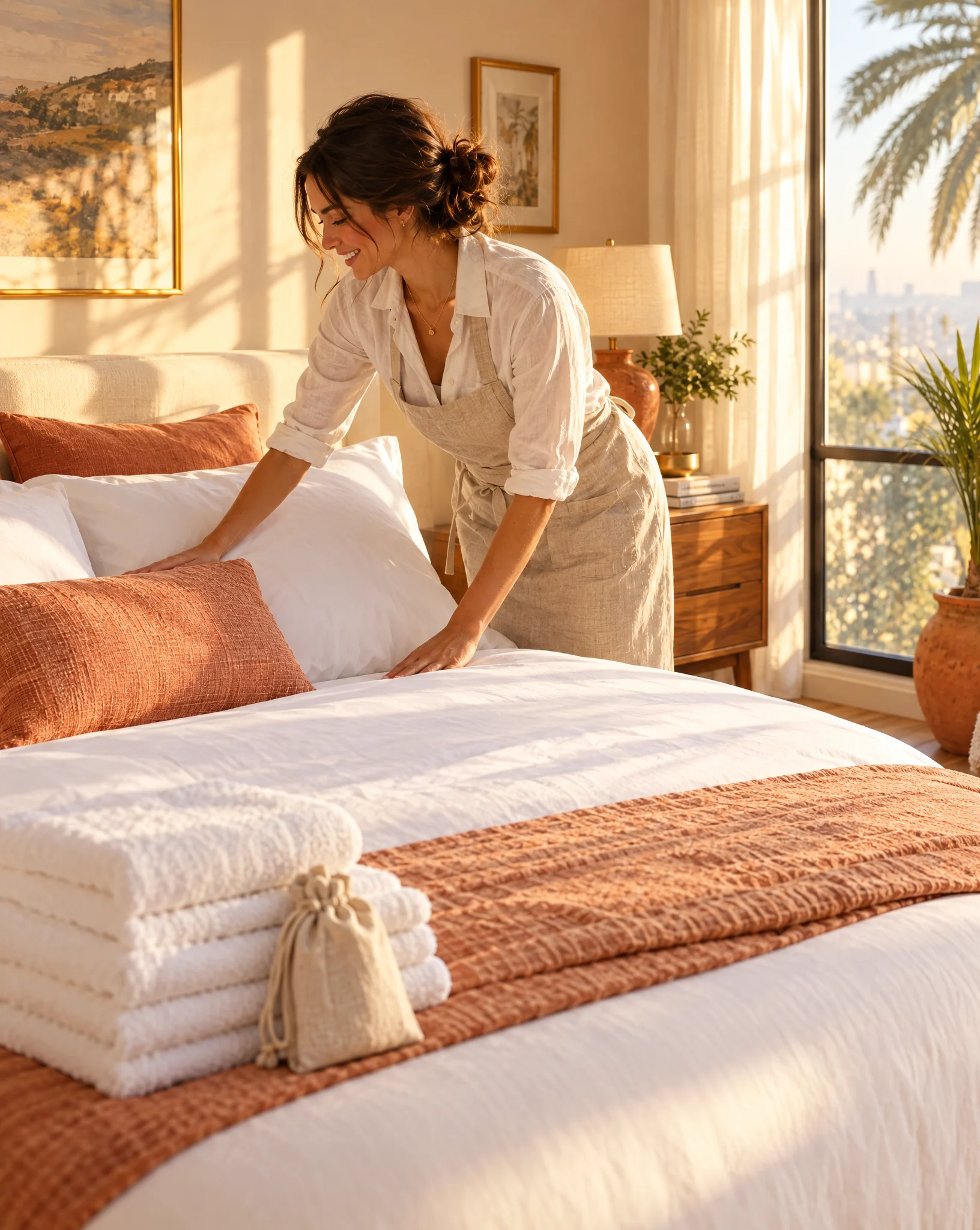A smiling cleaner smoothing a white duvet in a sunlit Los Angeles rental bedroom, with folded towels at the foot of the bed