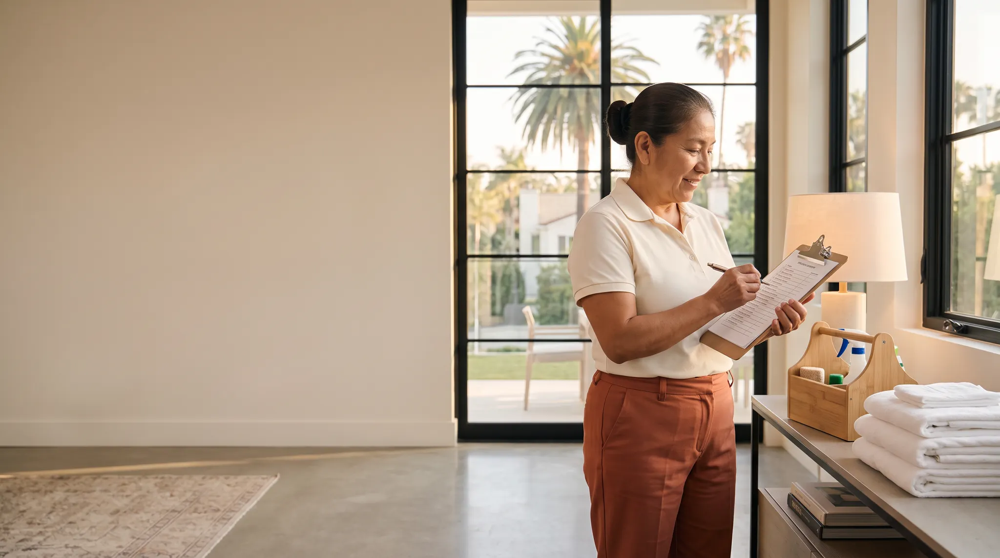 Professional cleaner checking a turnover list in a golden-hour Los Angeles vacation rental