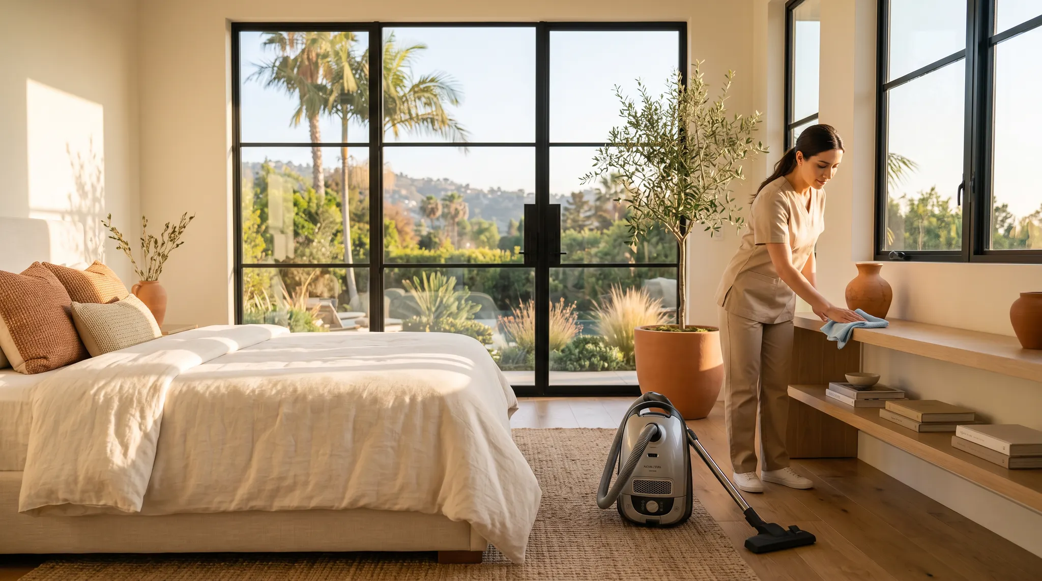 Professional cleaner damp-dusting a shelf in a bright Los Angeles bedroom
