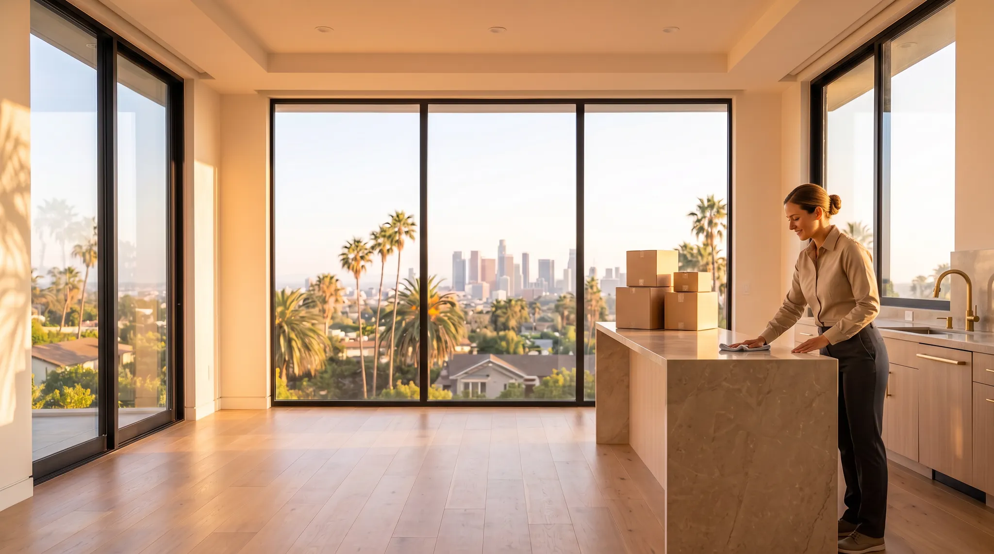 Professional cleaner finishing a move-out clean in a sunlit Los Angeles apartment with moving boxes