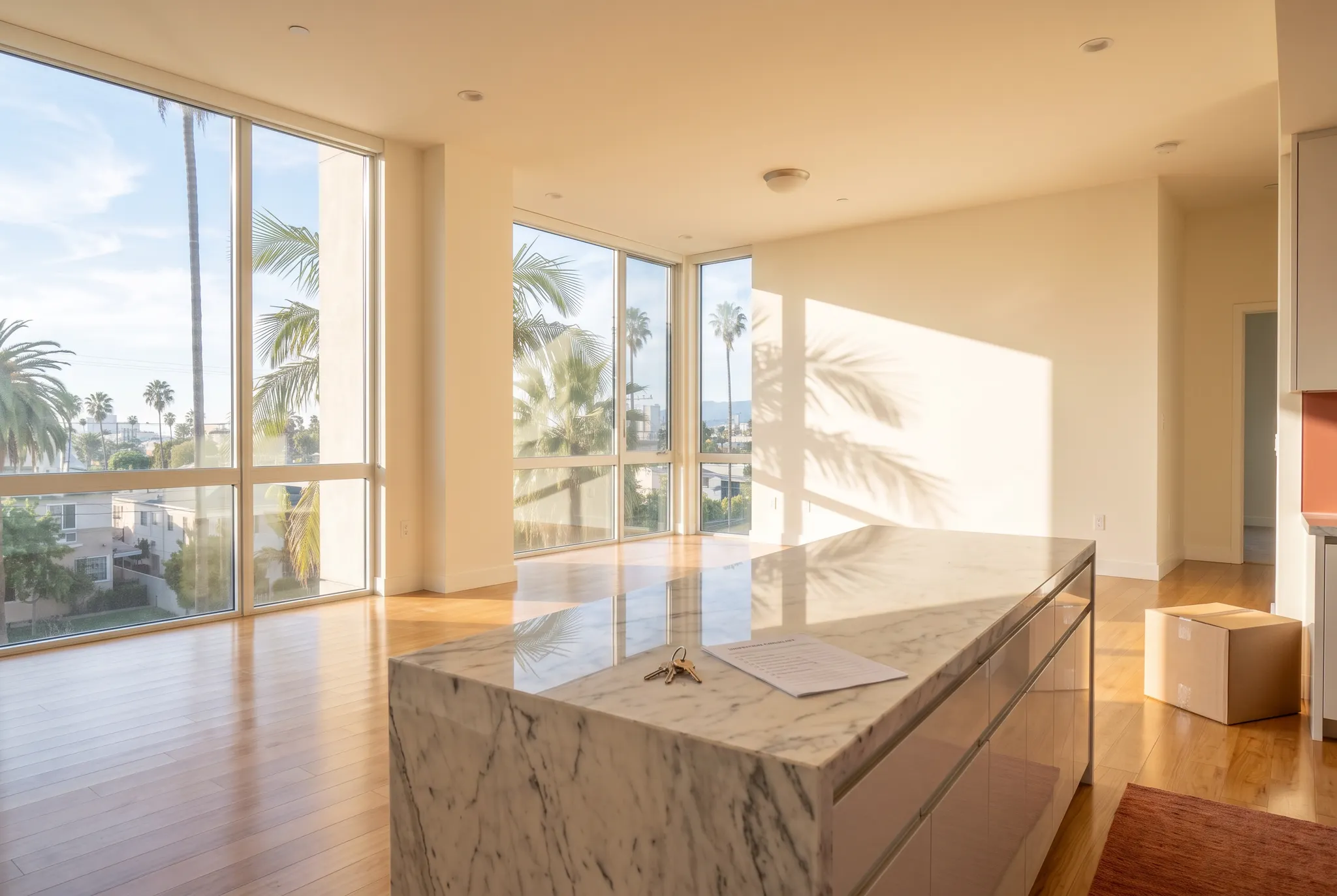 Empty sunlit Los Angeles apartment with keys and a walkthrough sheet on the kitchen island