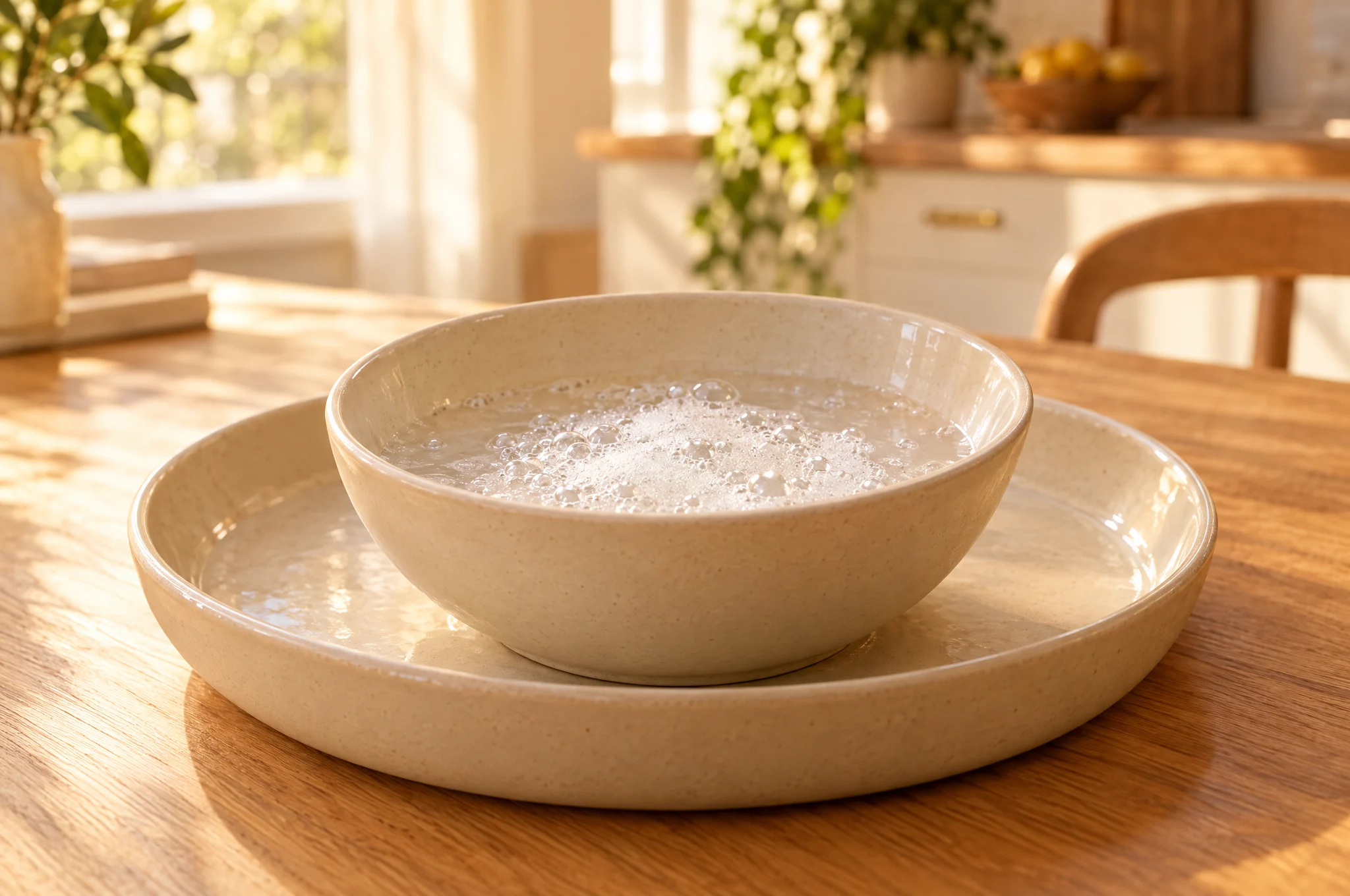 Illustrative photograph of bubbles in a shallow, open ceramic bowl on a spill tray