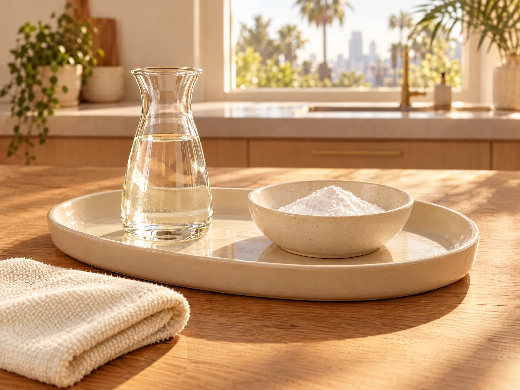 Illustrative photograph of separate vinegar and baking soda on a ceramic tray in a sunlit kitchen