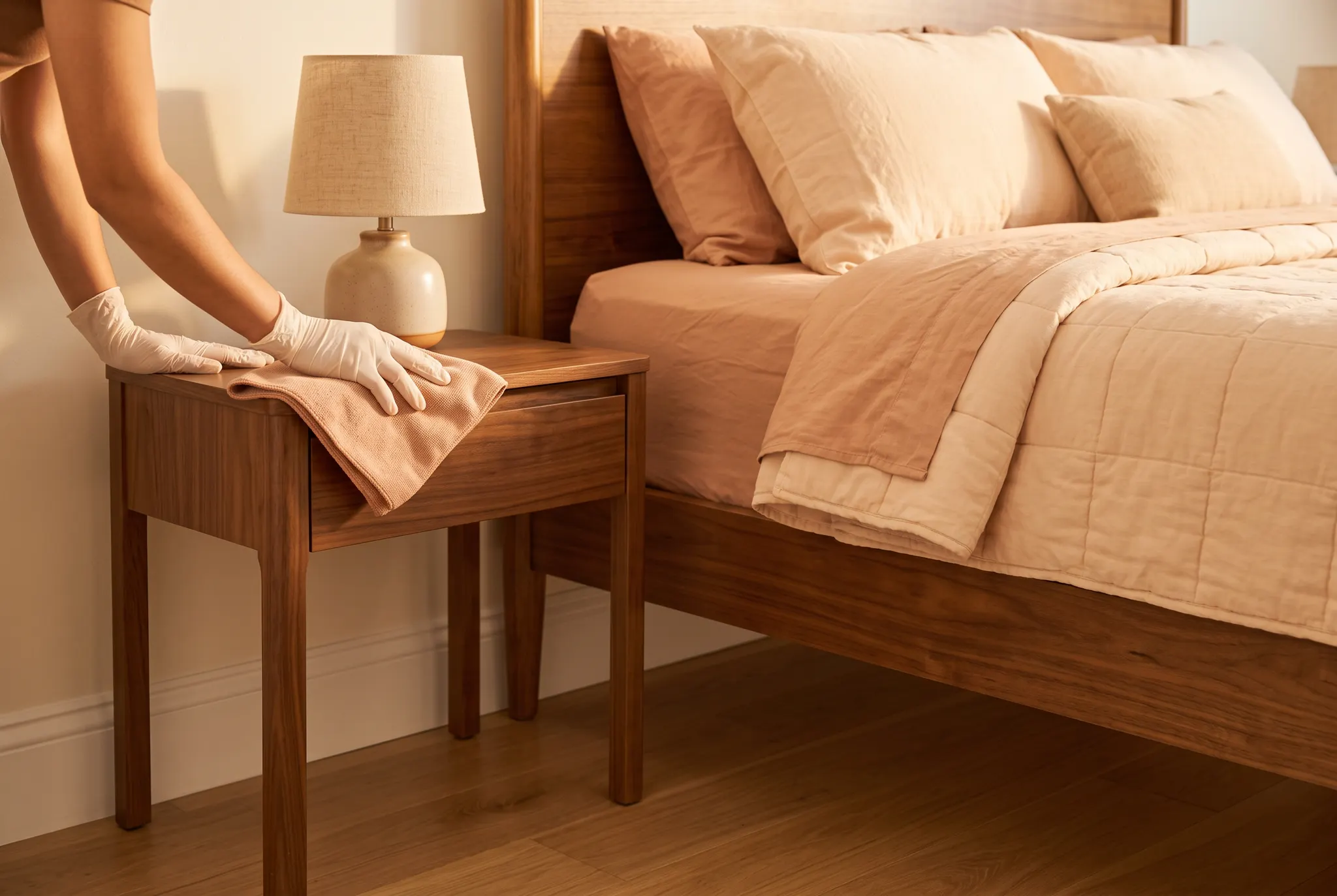 Cleaner wiping a bedroom nightstand beside a neatly made bed
