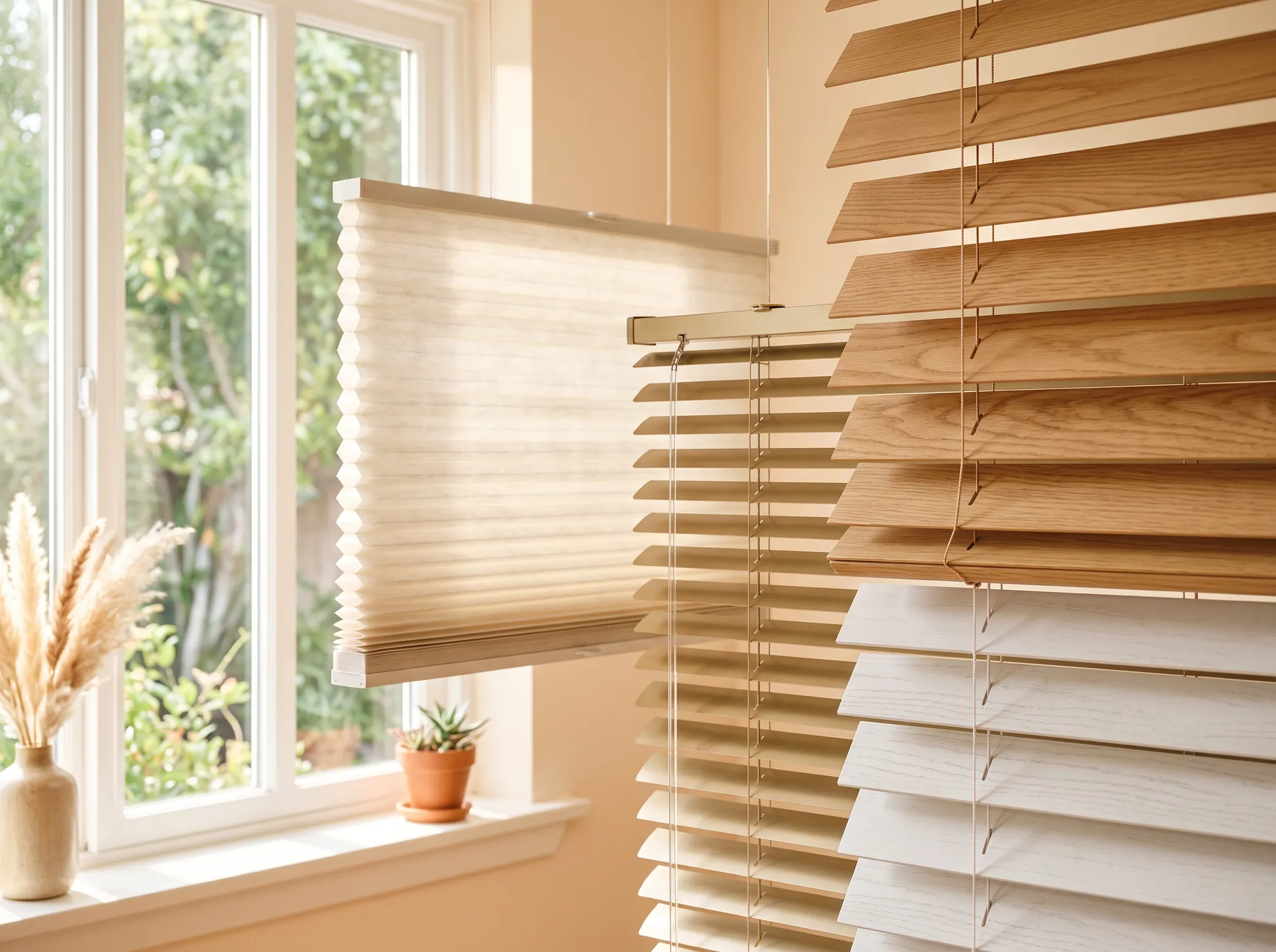 Wood, faux-wood, aluminum, and cellular window treatments in warm natural light