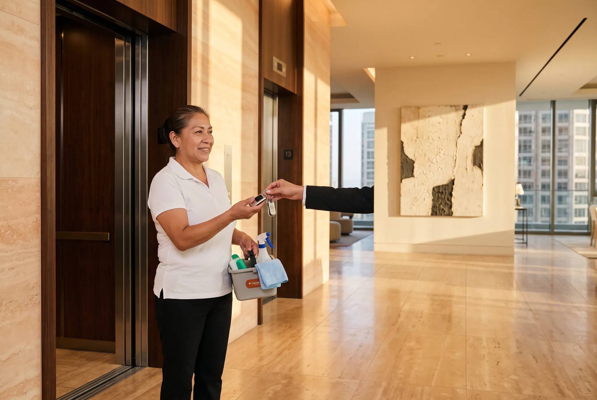 Professional cleaner arriving beside an elevator in a refined Century City residential building