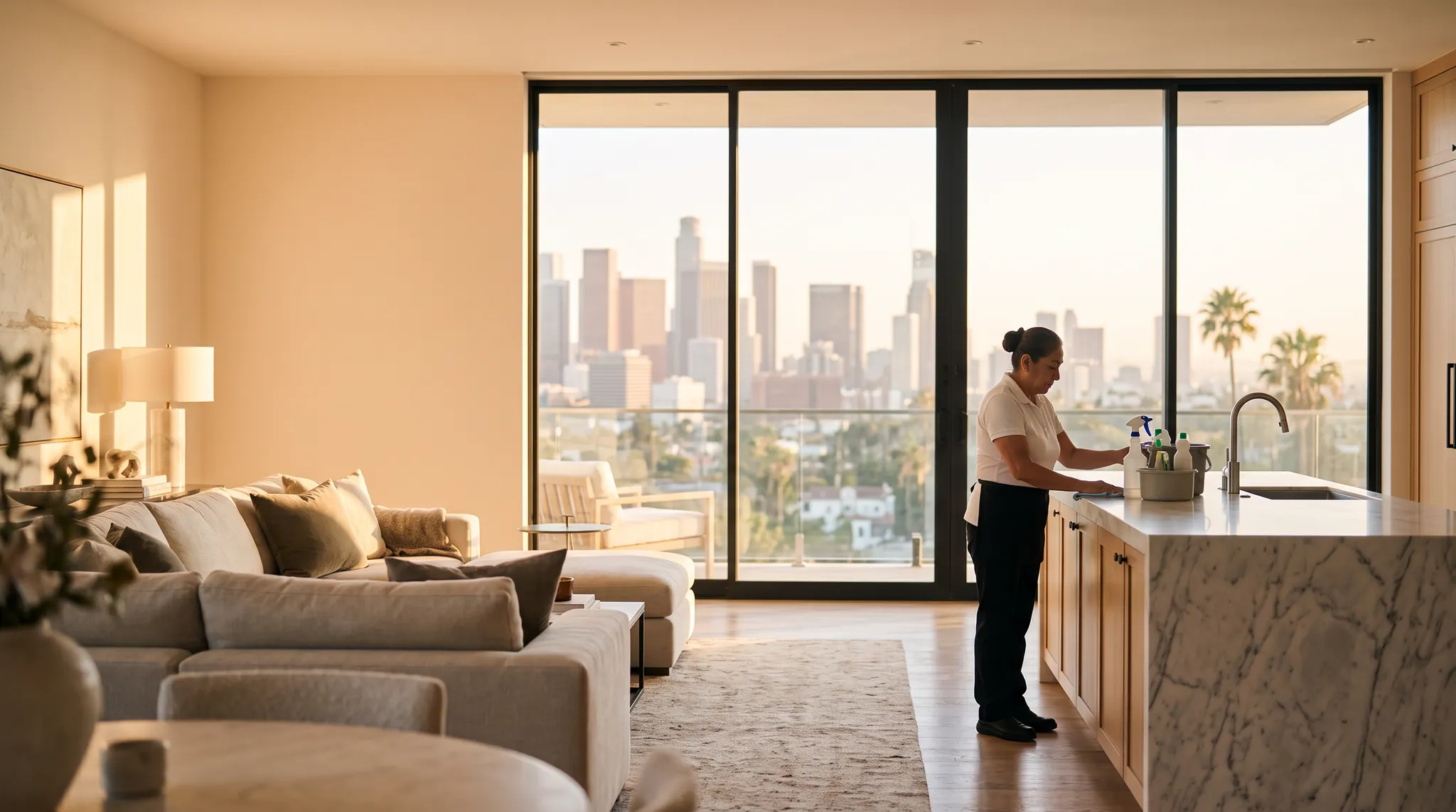 Professional cleaner working in a sunlit Century City high-rise residence
