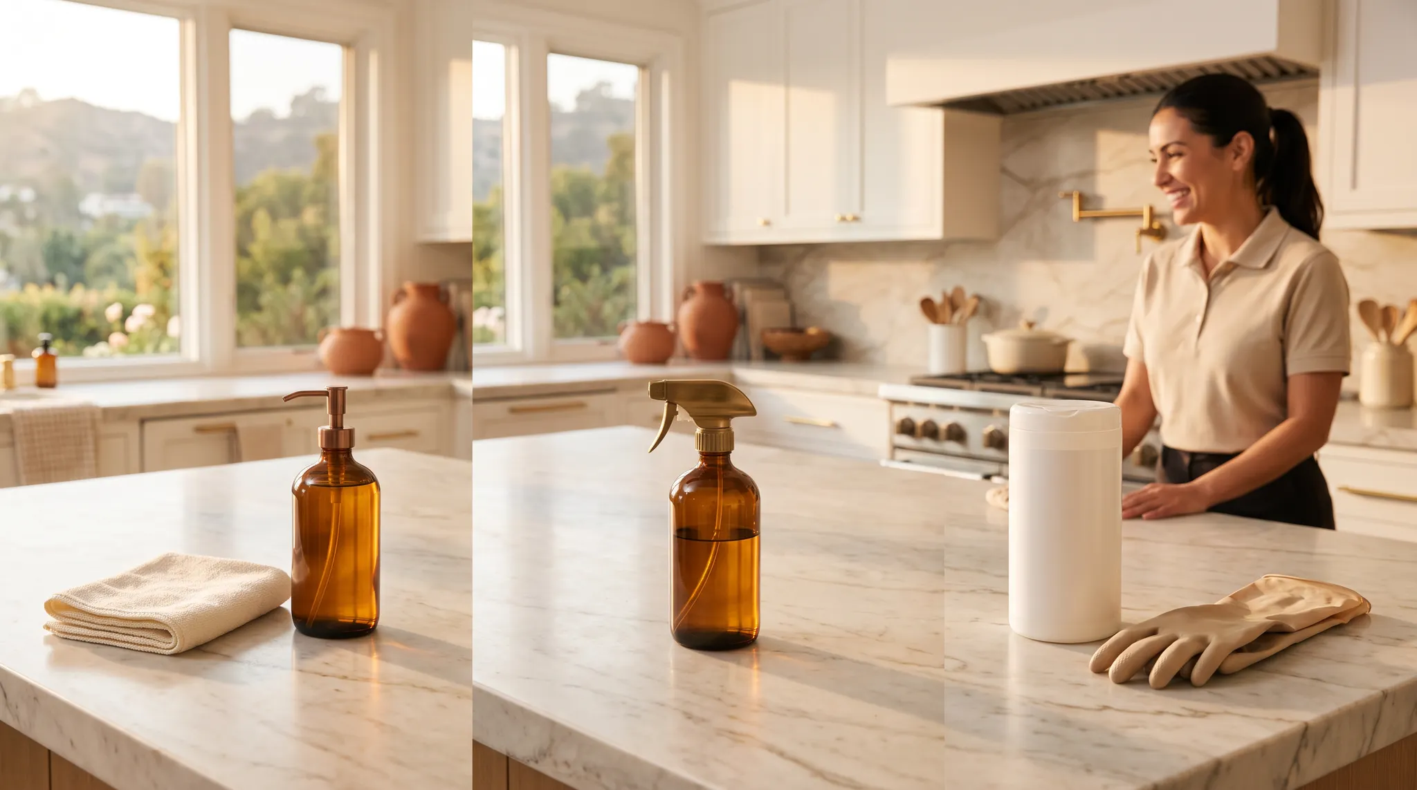 Three distinct surface-care setups on a sunlit marble island in a Los Angeles home