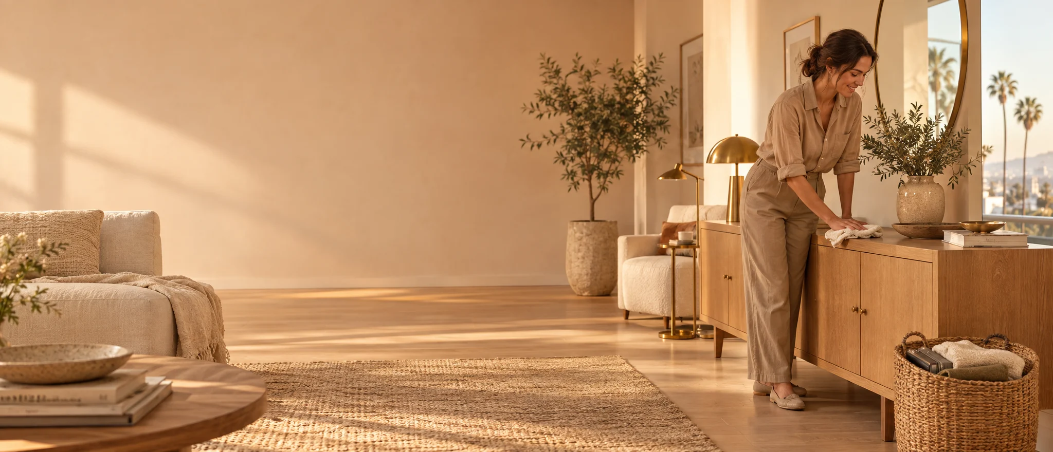 Cleaner wiping an oak console beside a basket of belongings in a sunlit home