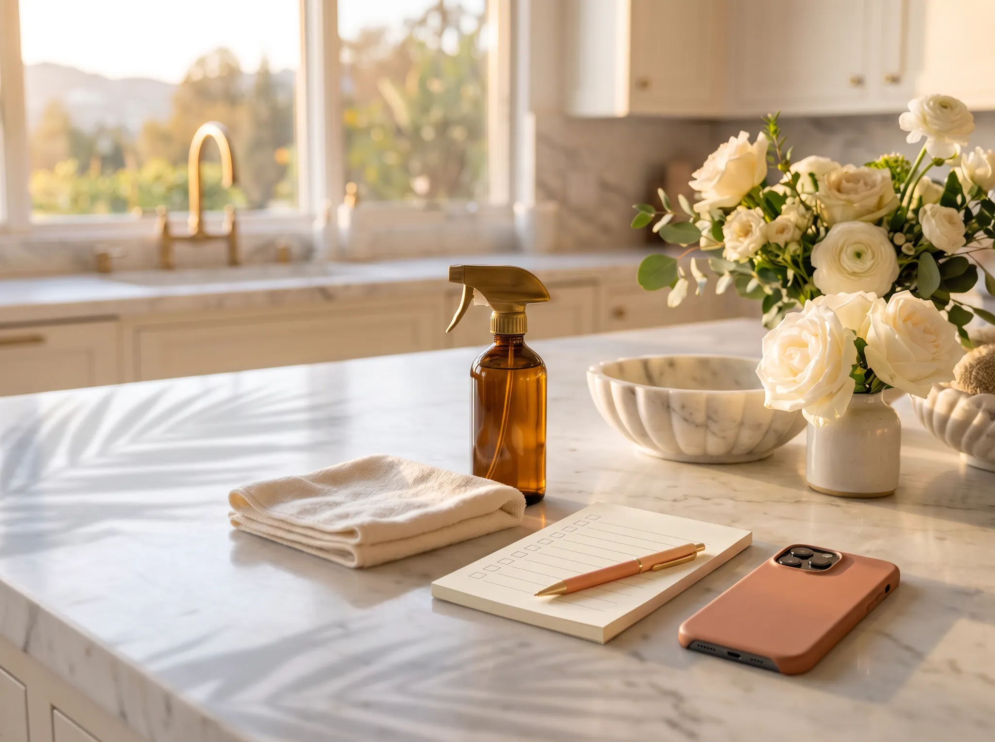 Blank cleaning checklist, microfiber cloth, and product bottle on a marble counter