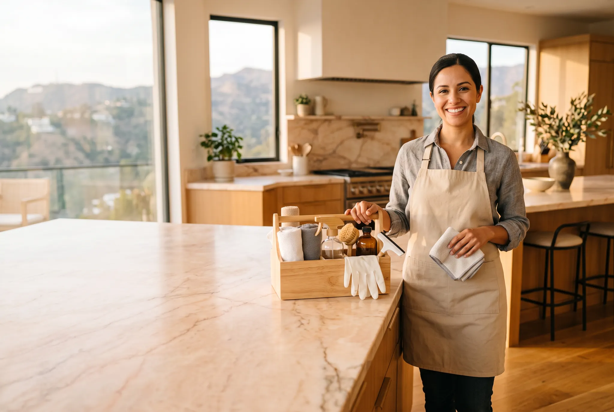Smiling professional cleaner beside an organized cleaning caddy in a warm Los Angeles kitchen