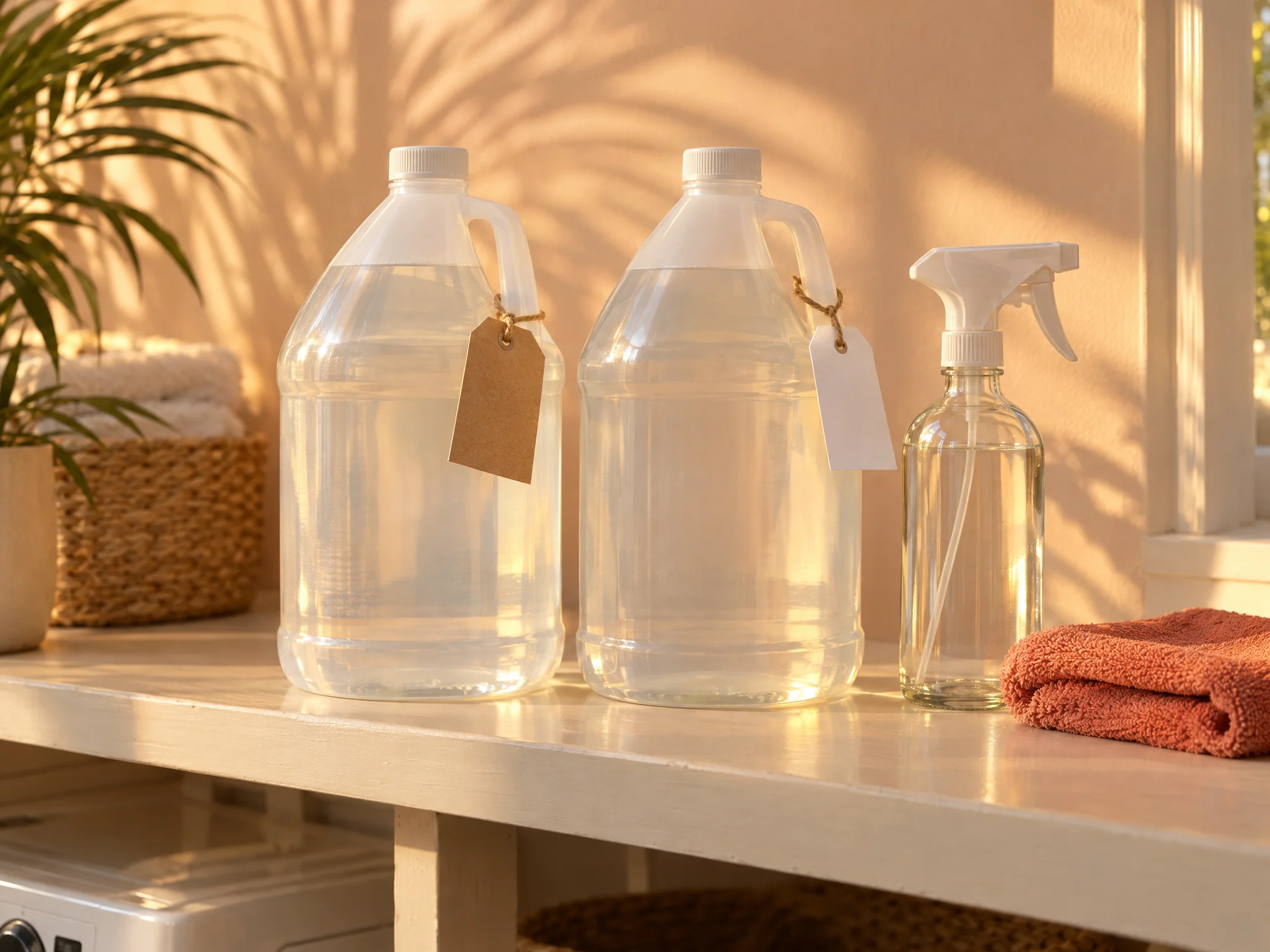 Two unlabeled jugs of clear vinegar and an empty glass spray bottle on a painted laundry shelf in warm afternoon light