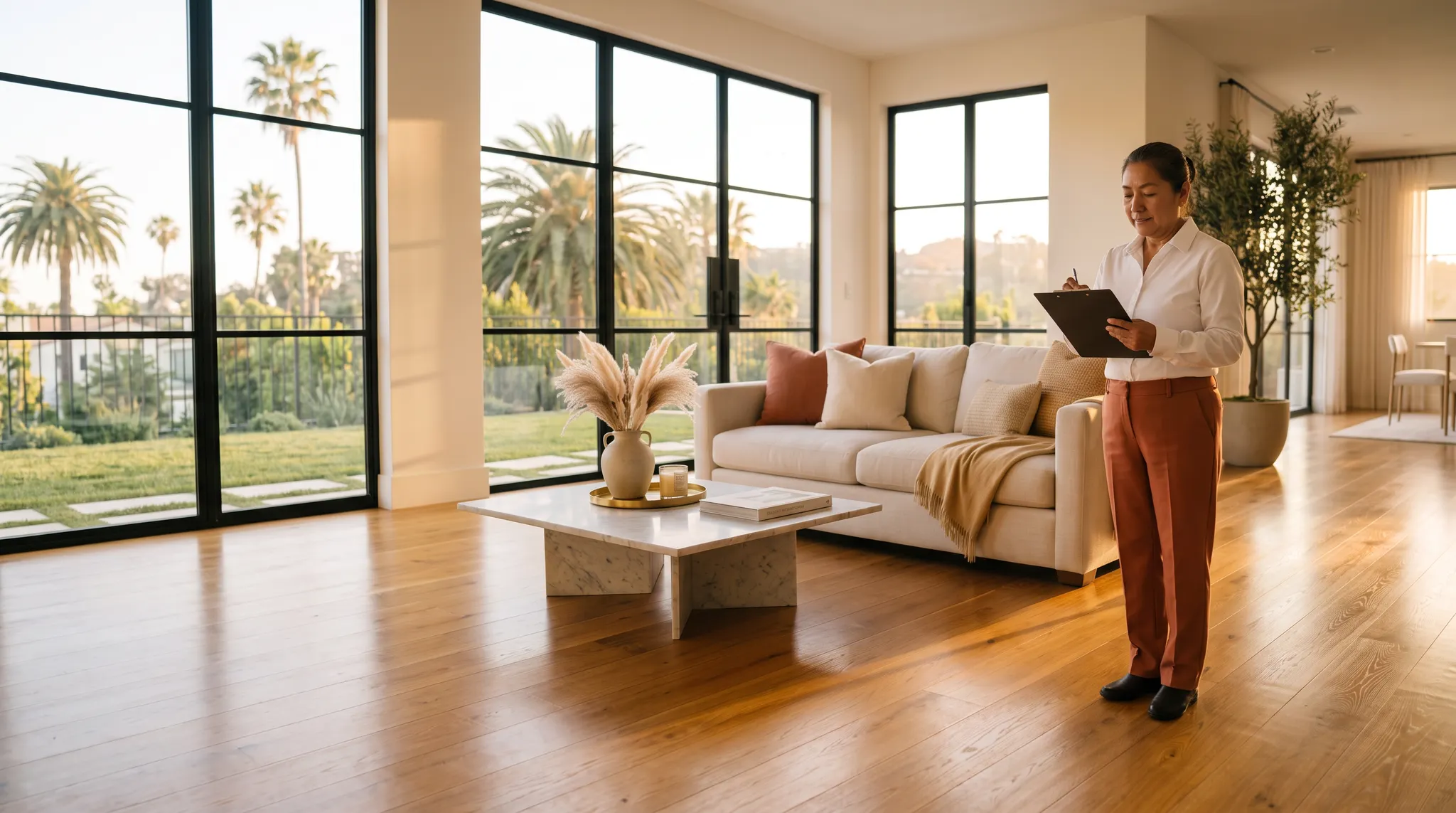 Professional cleaner reviewing a checklist in a golden-hour Los Angeles home