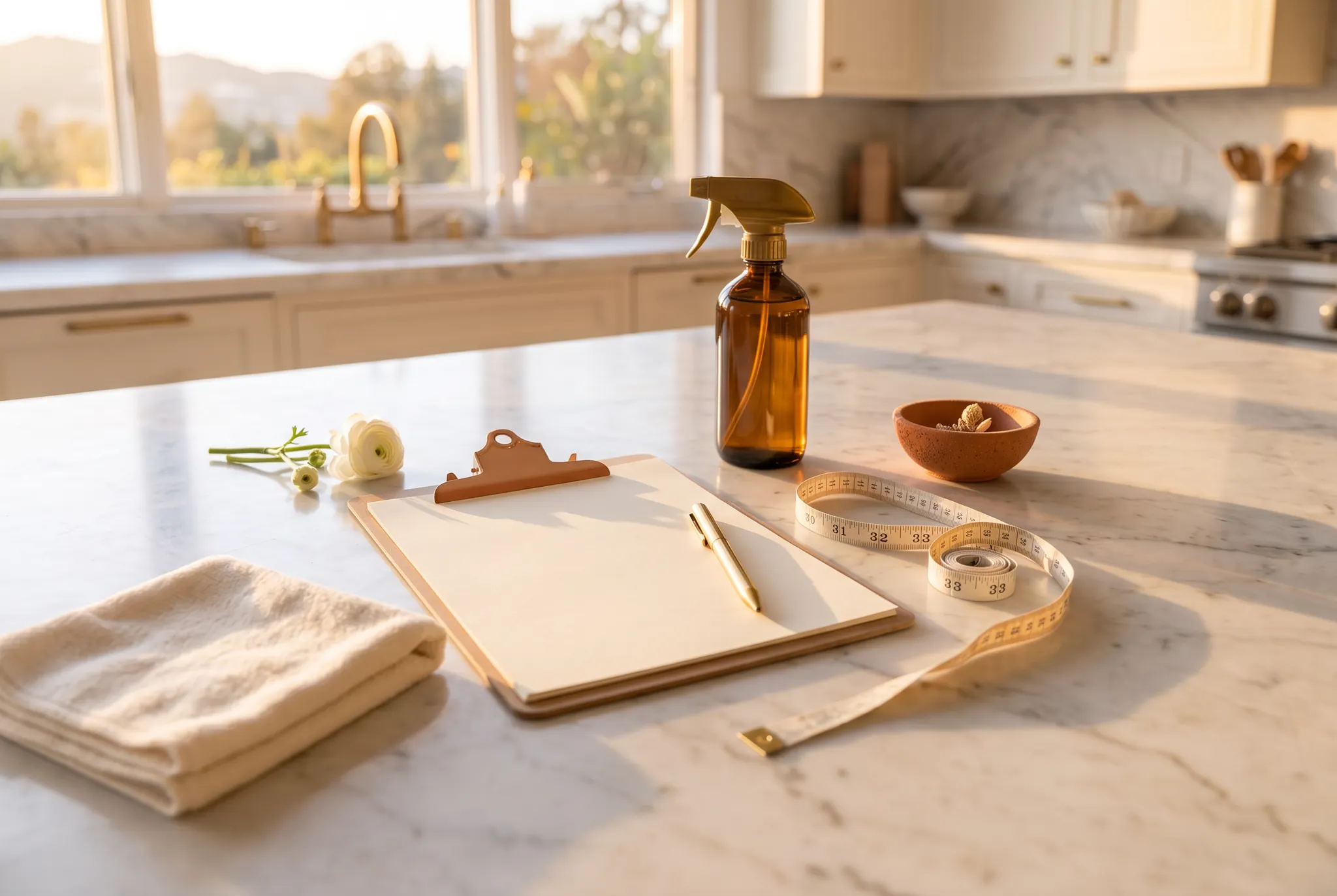 Blank estimate clipboard, measuring tape, cloth, and amber spray bottle on a sunlit marble counter