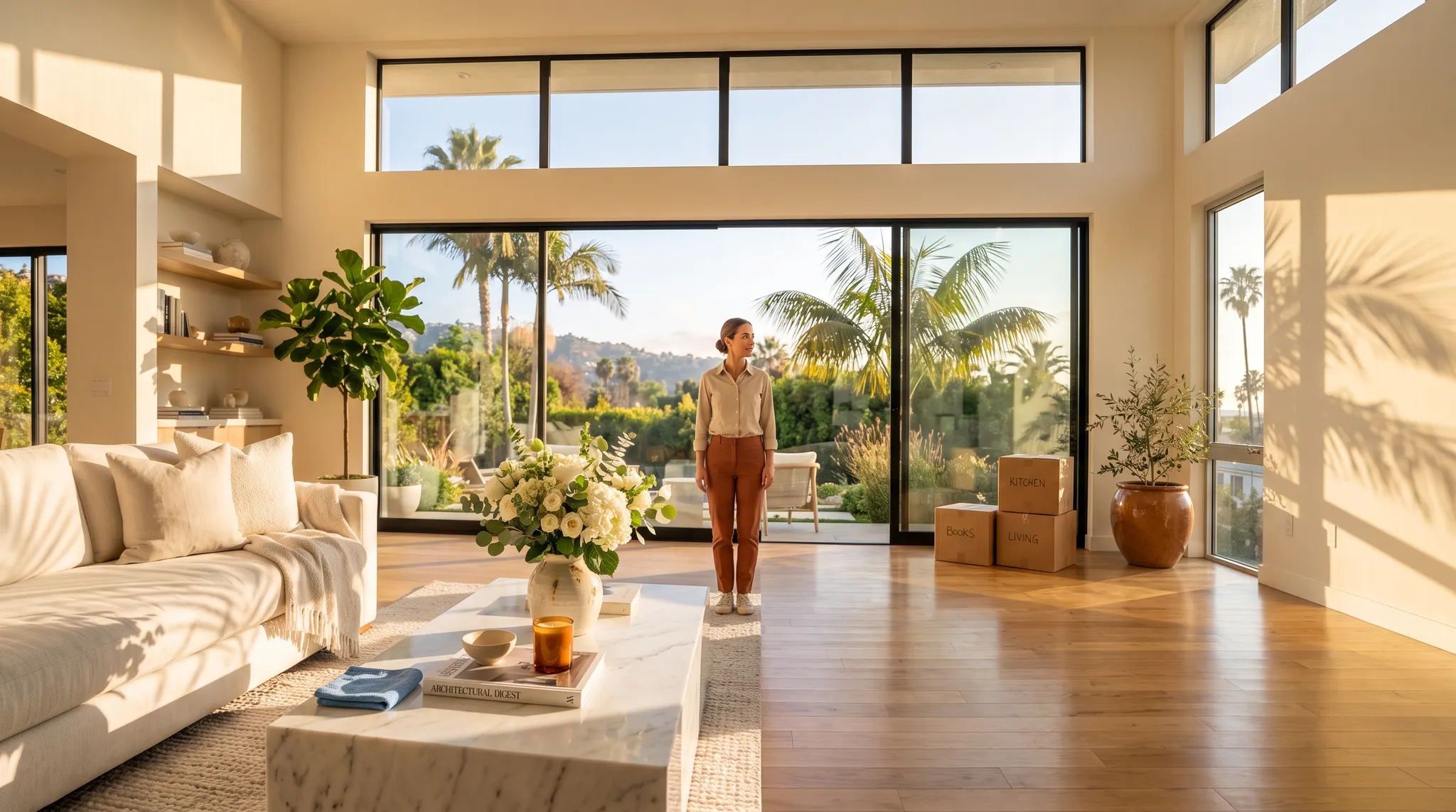 Professional cleaner between a furnished living area and an empty move-out area in a sunlit Los Angeles home