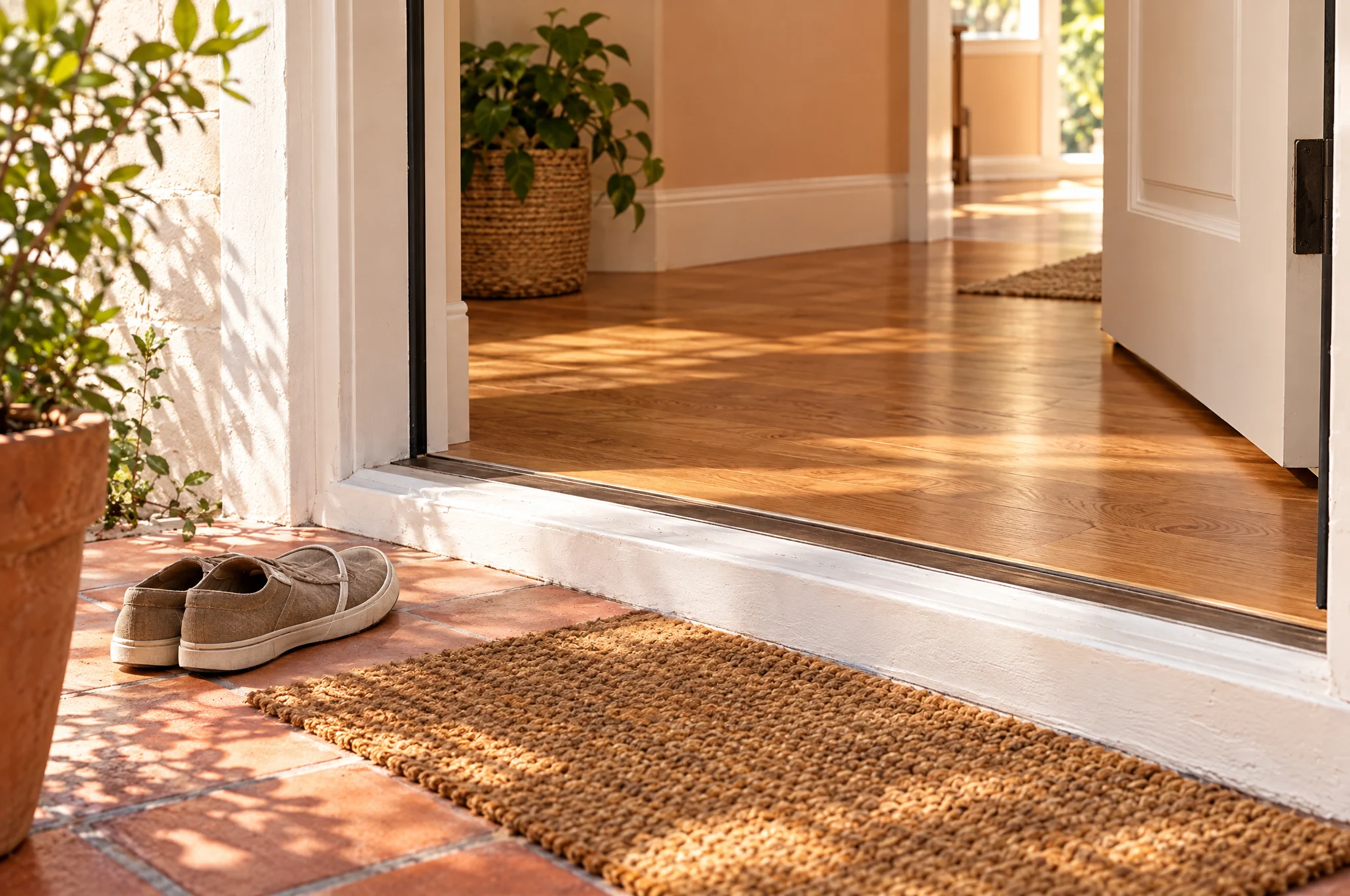Outdoor shoes and a woven mat beside a Los Angeles-style patio threshold