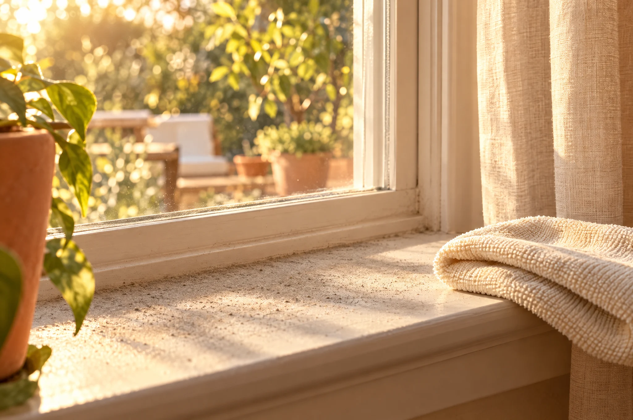 Fine dust on a window sill next to a folded cloth and linen curtain