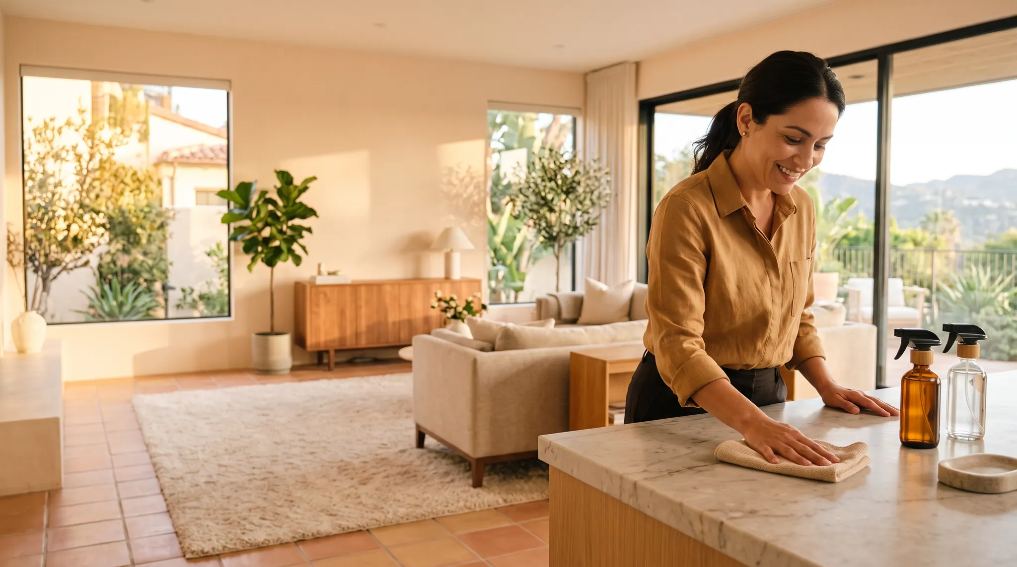A professional cleaner caring for a sunlit natural stone counter in a Los Angeles home