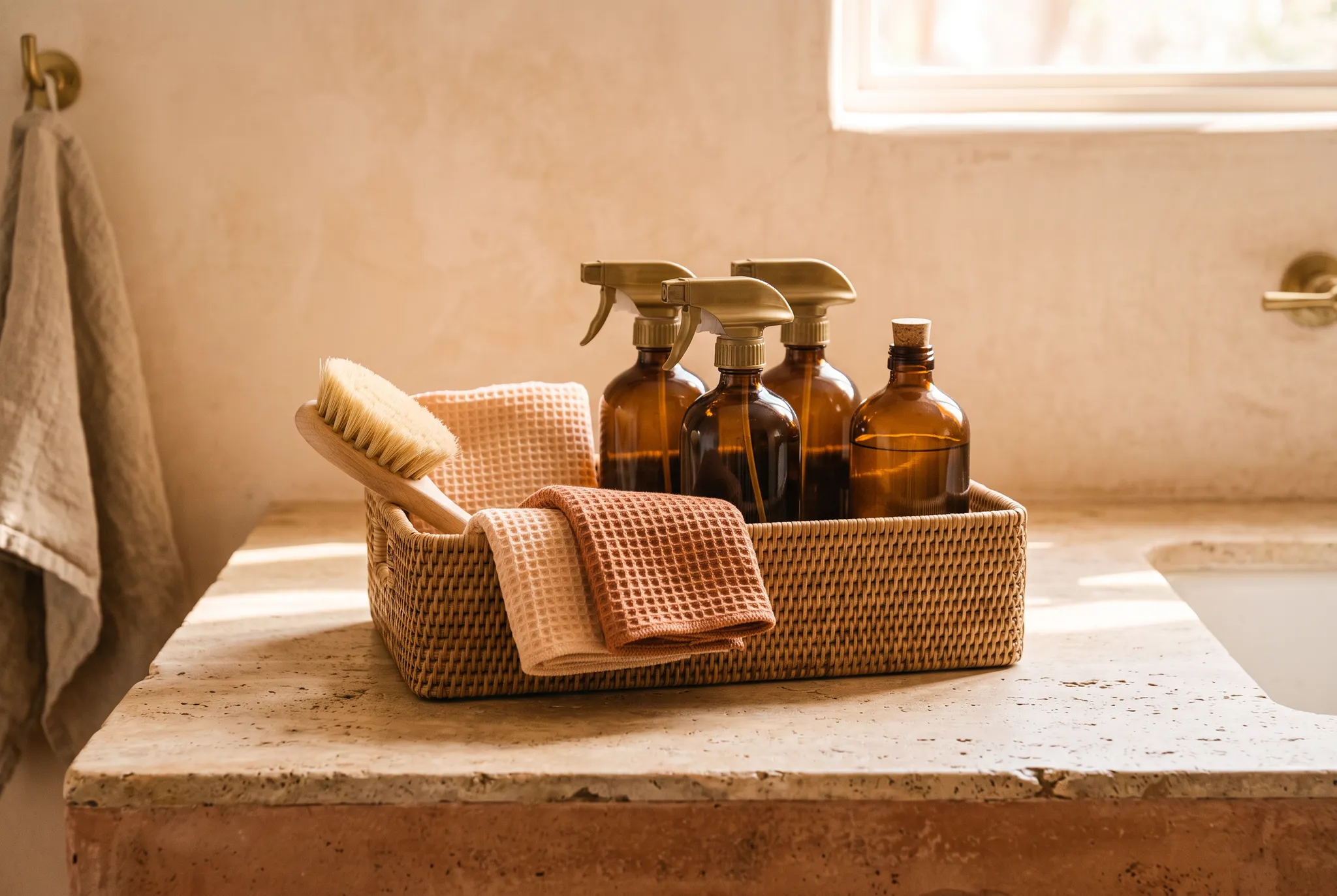 Reusable cloths, brushes, and refillable cleaning bottles arranged on sunlit stone