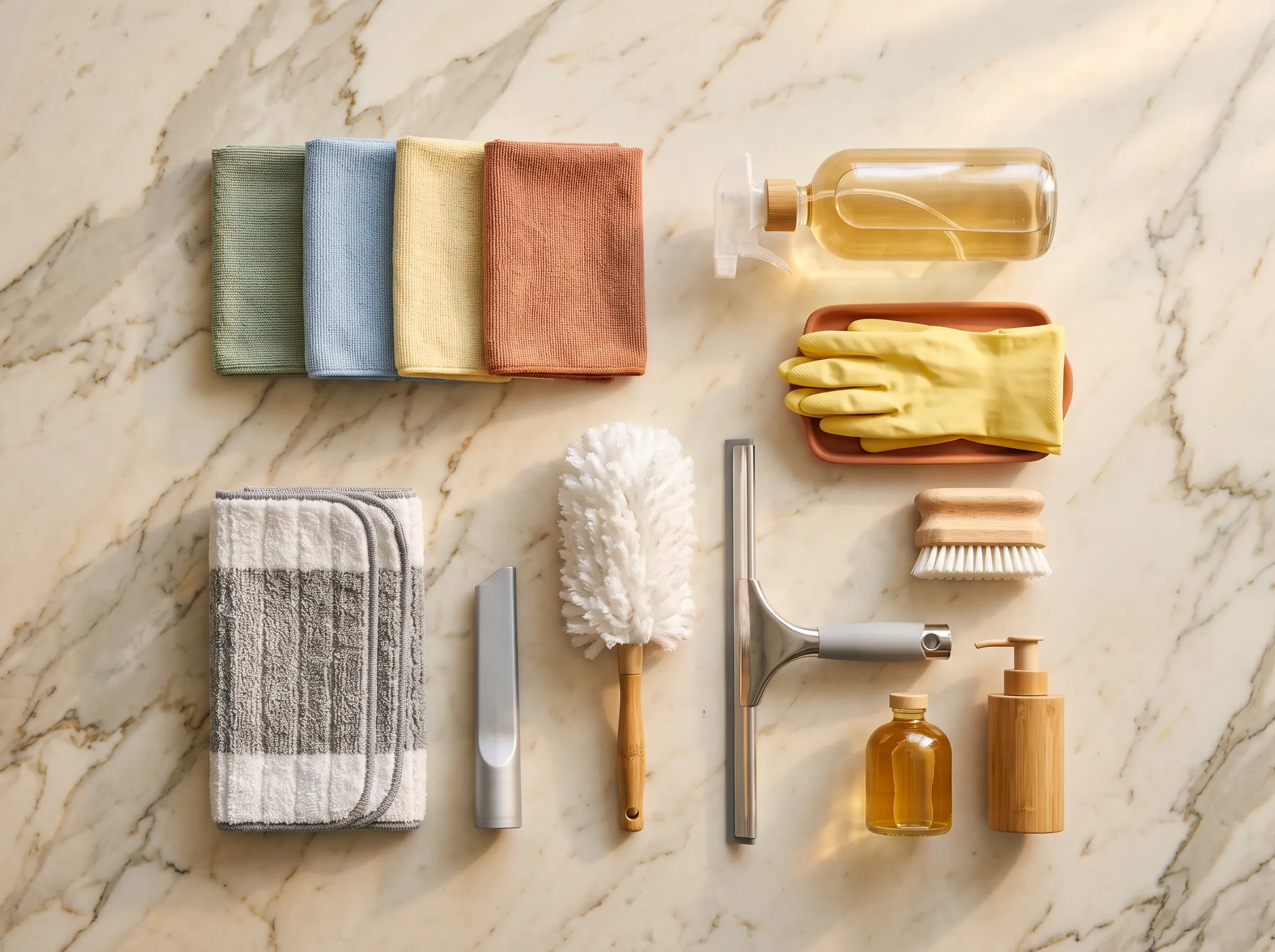 Organized microfiber cloths, gloves, brushes, squeegee, and unlabeled cleaning bottles on warm marble