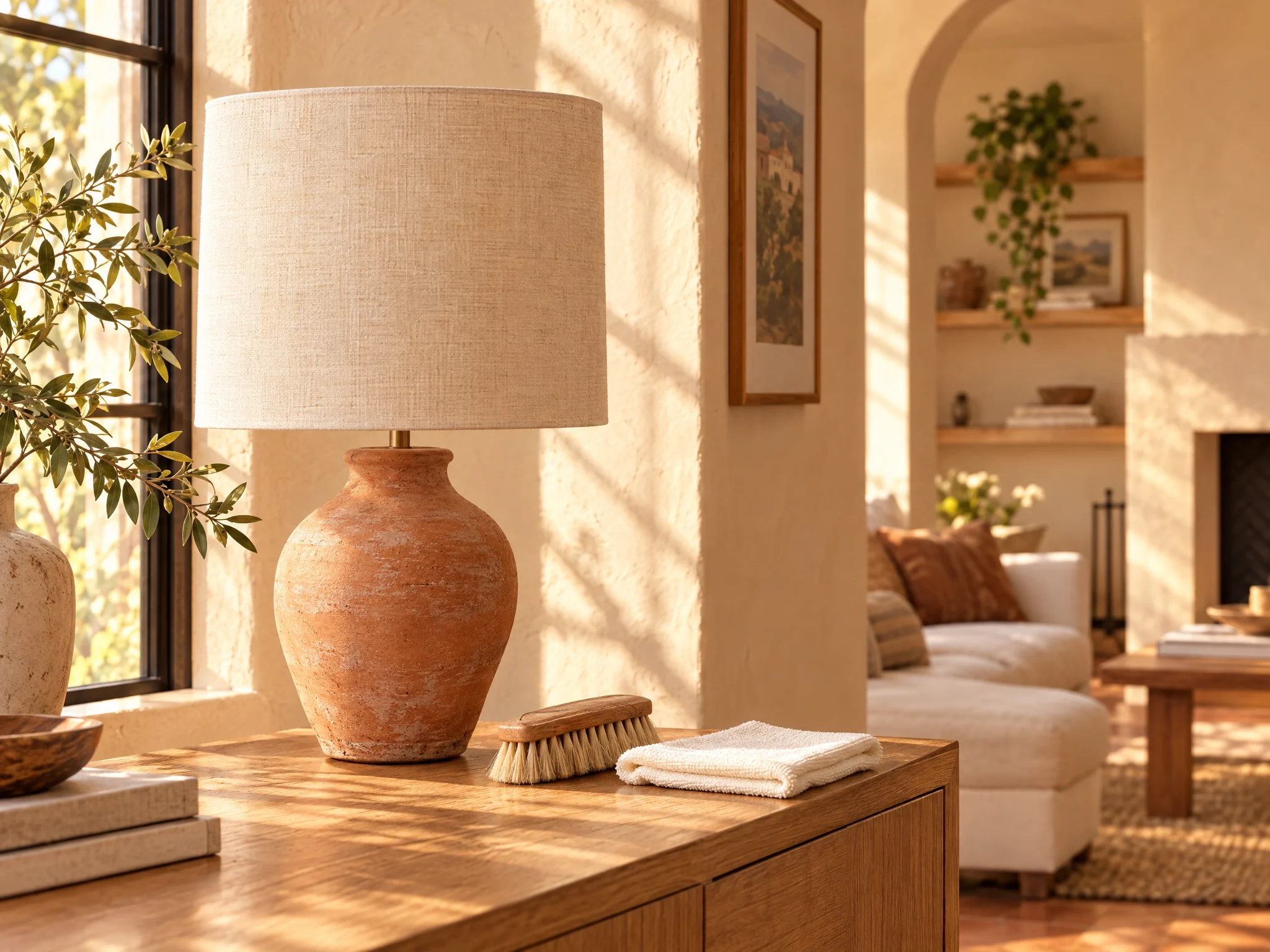 Unlit linen-shade table lamp beside a soft dry brush and folded microfiber cloth