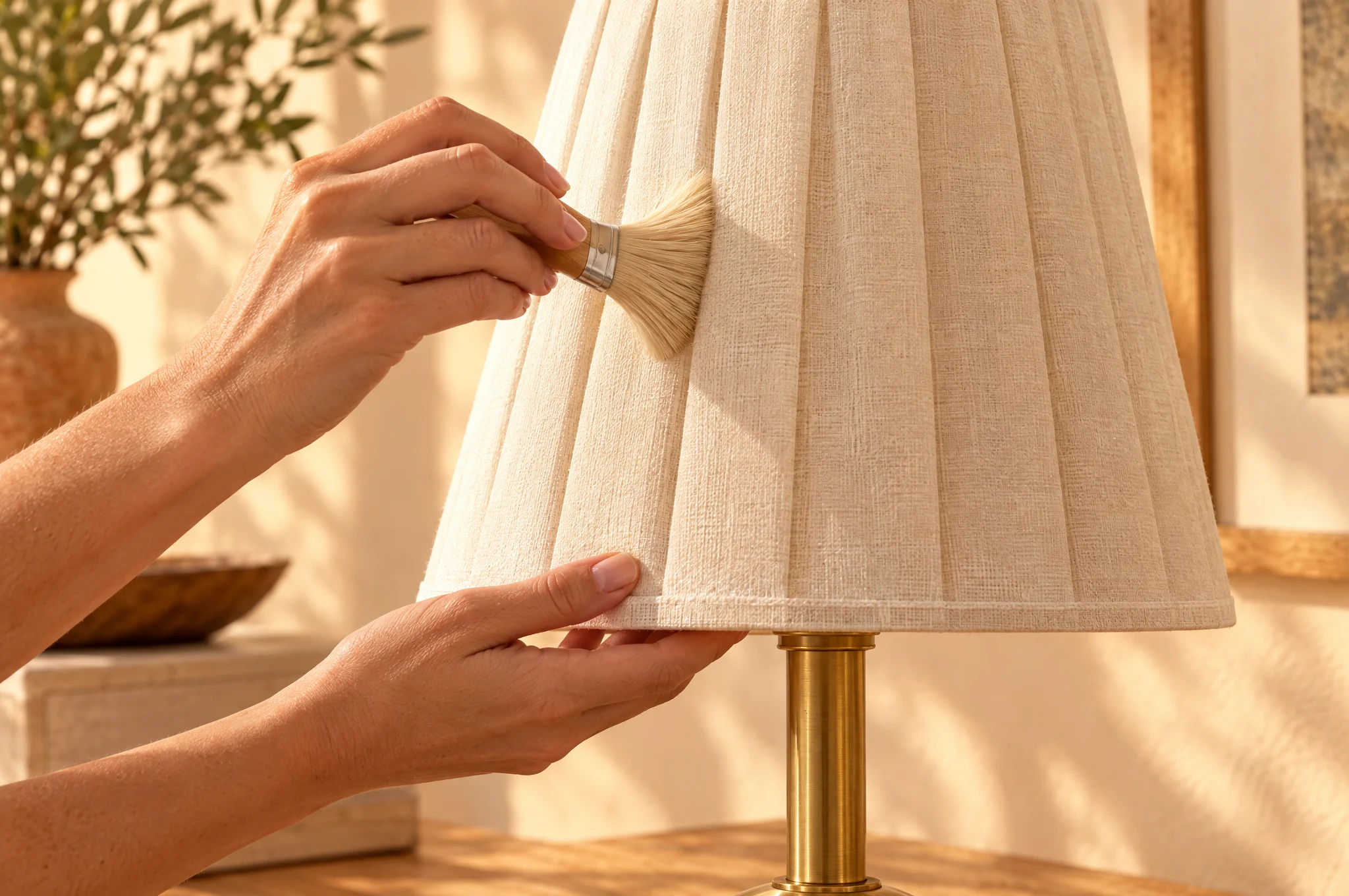 Soft paintbrush lightly following a fabric-shade fold while the lower rim is supported