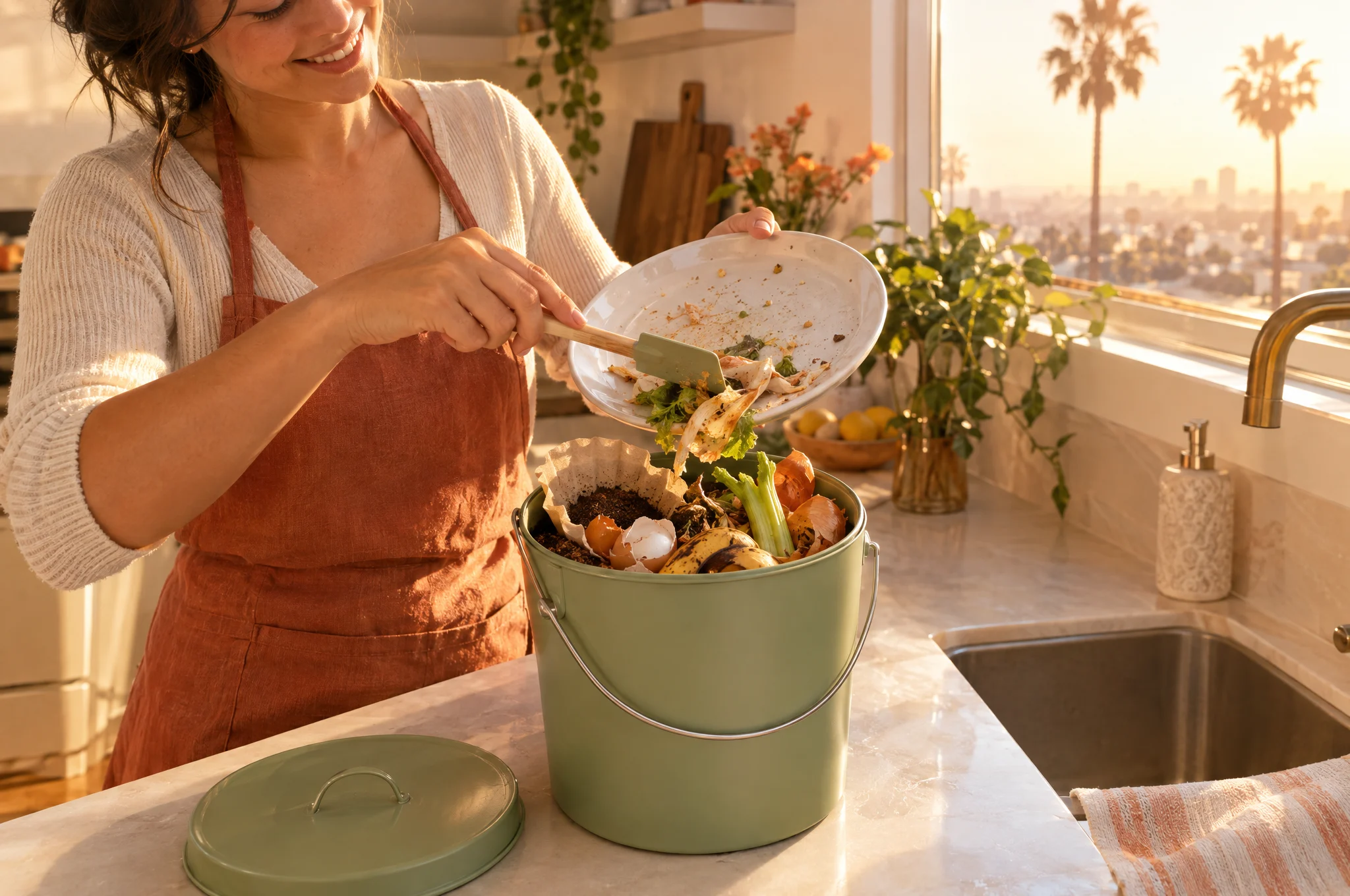 A smiling cleaner in a terracotta apron scrapes a plate of scraps into a light green countertop pail filled with coffee grounds, eggshells, and peels, in a sunlit Los Angeles kitchen