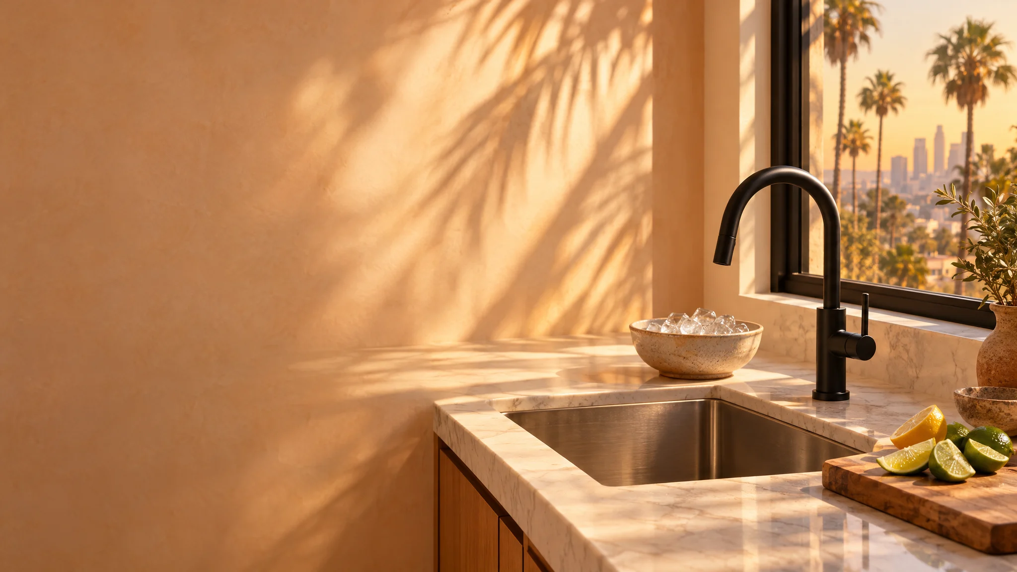 A sunlit Los Angeles kitchen sink with a matte black faucet, a bowl of ice cubes, and fresh lemon and lime wedges on a marble counter, with palm trees outside the window