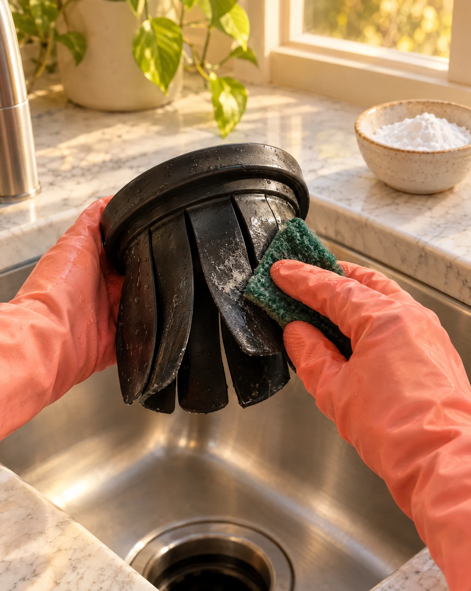 Hands in coral rubber gloves scrub the underside of a black rubber disposal splash guard with a green scouring pad over a stainless steel sink, with a bowl of baking soda on the counter