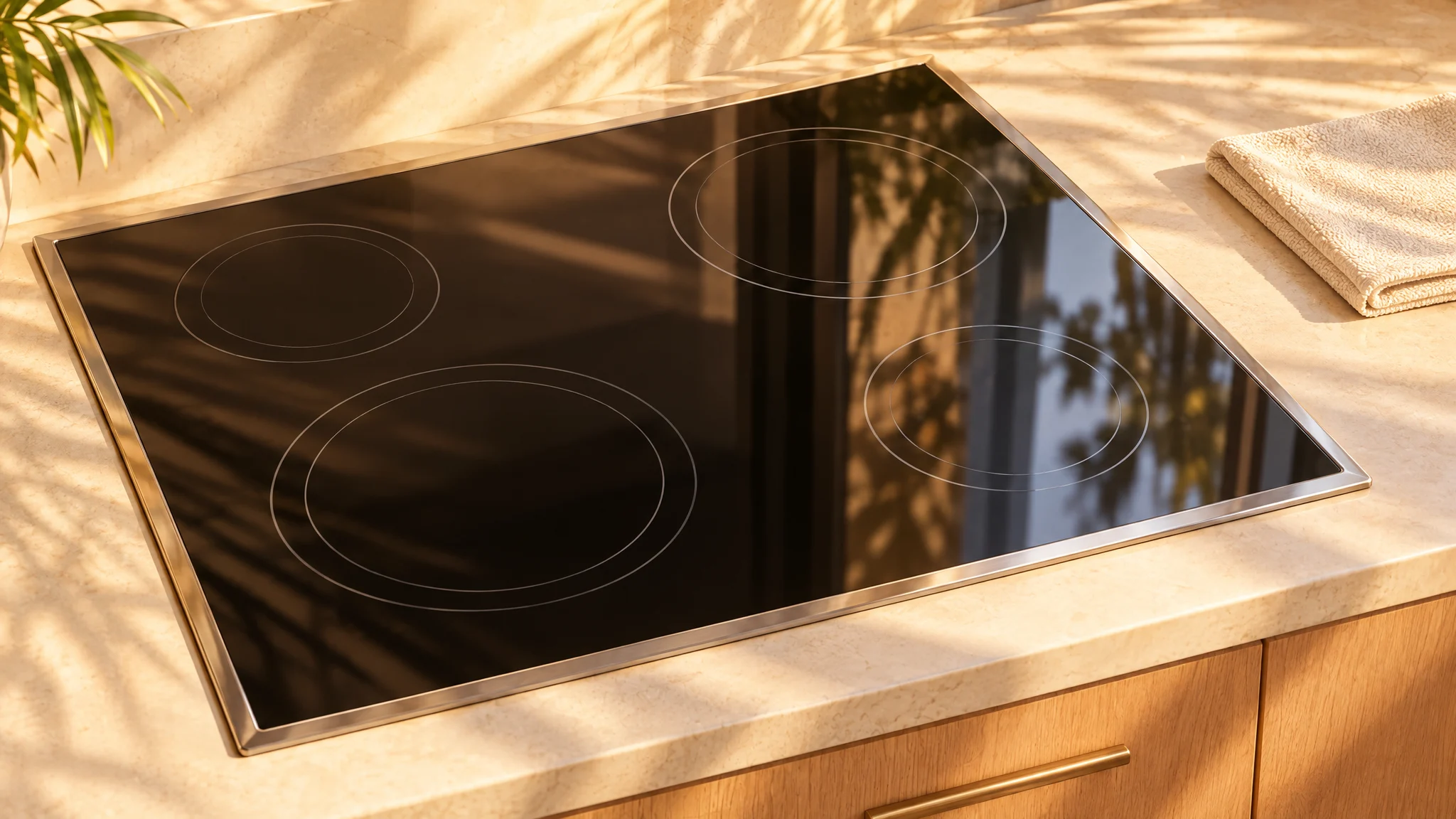 Illustrative photograph of a switched-off black glass cooktop beside a folded soft cloth in warm Los Angeles-style light