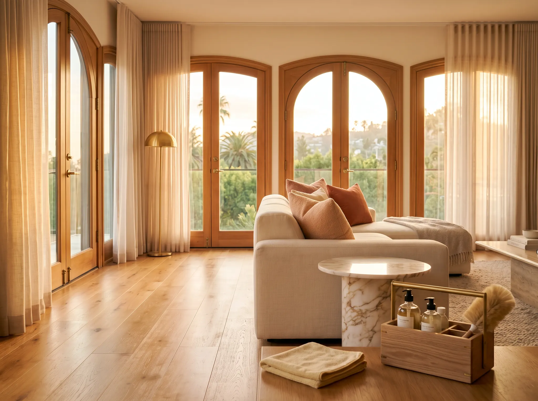 Freshly cleaned Hollywood bungalow interior with warm wood floors and original details