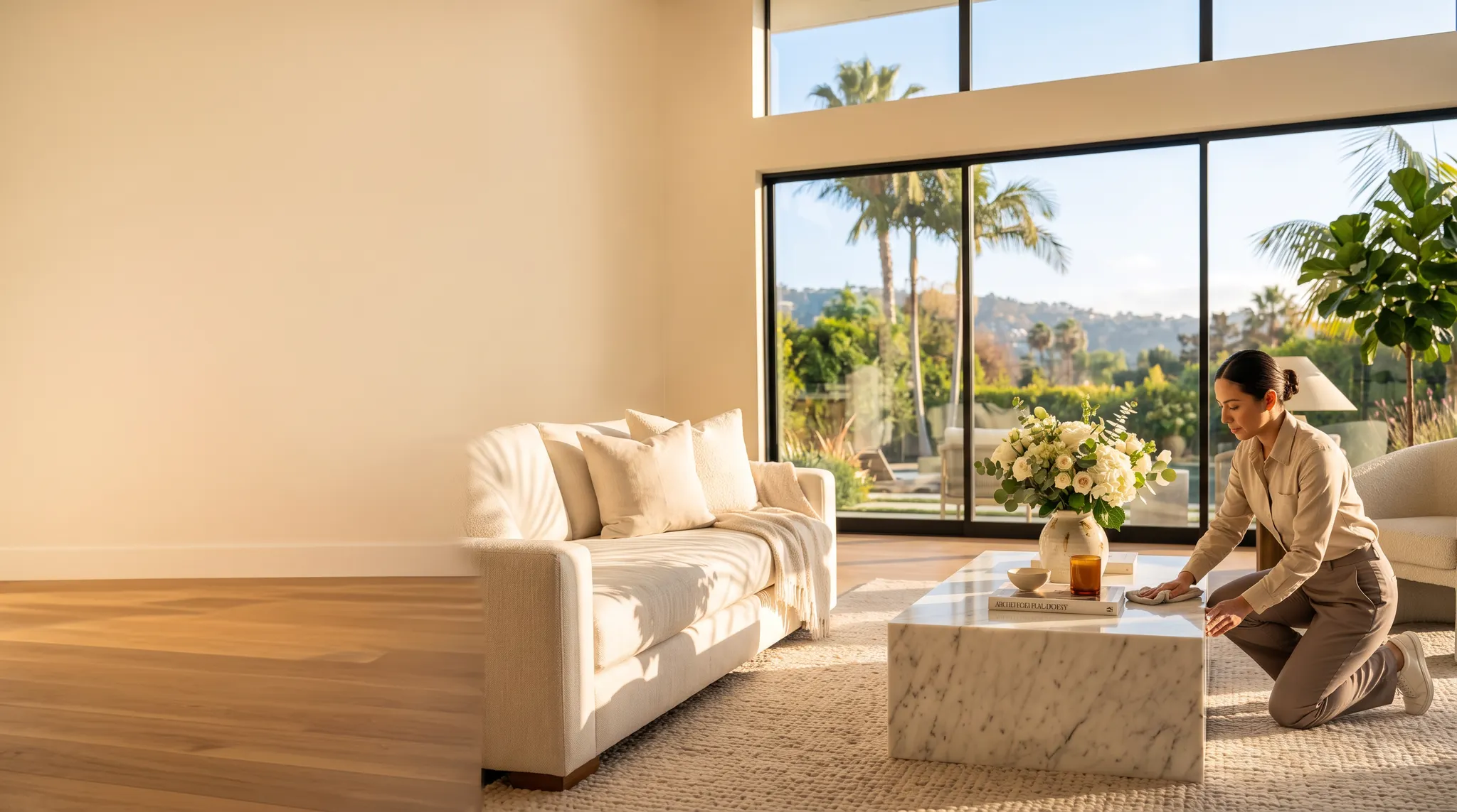Professional cleaner in a warm, freshly cleaned Hollywood apartment at golden hour