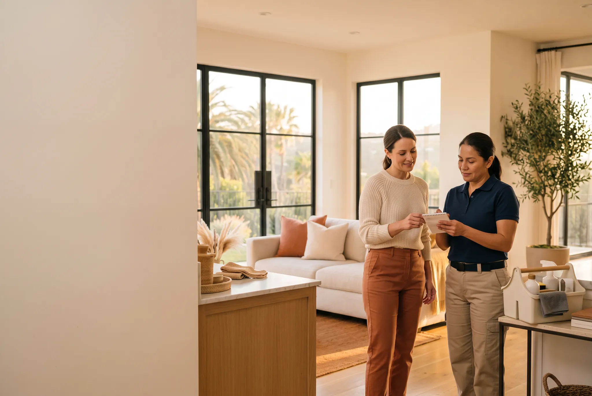 Los Angeles homeowner and professional cleaner reviewing a priority list in a warm sunlit home
