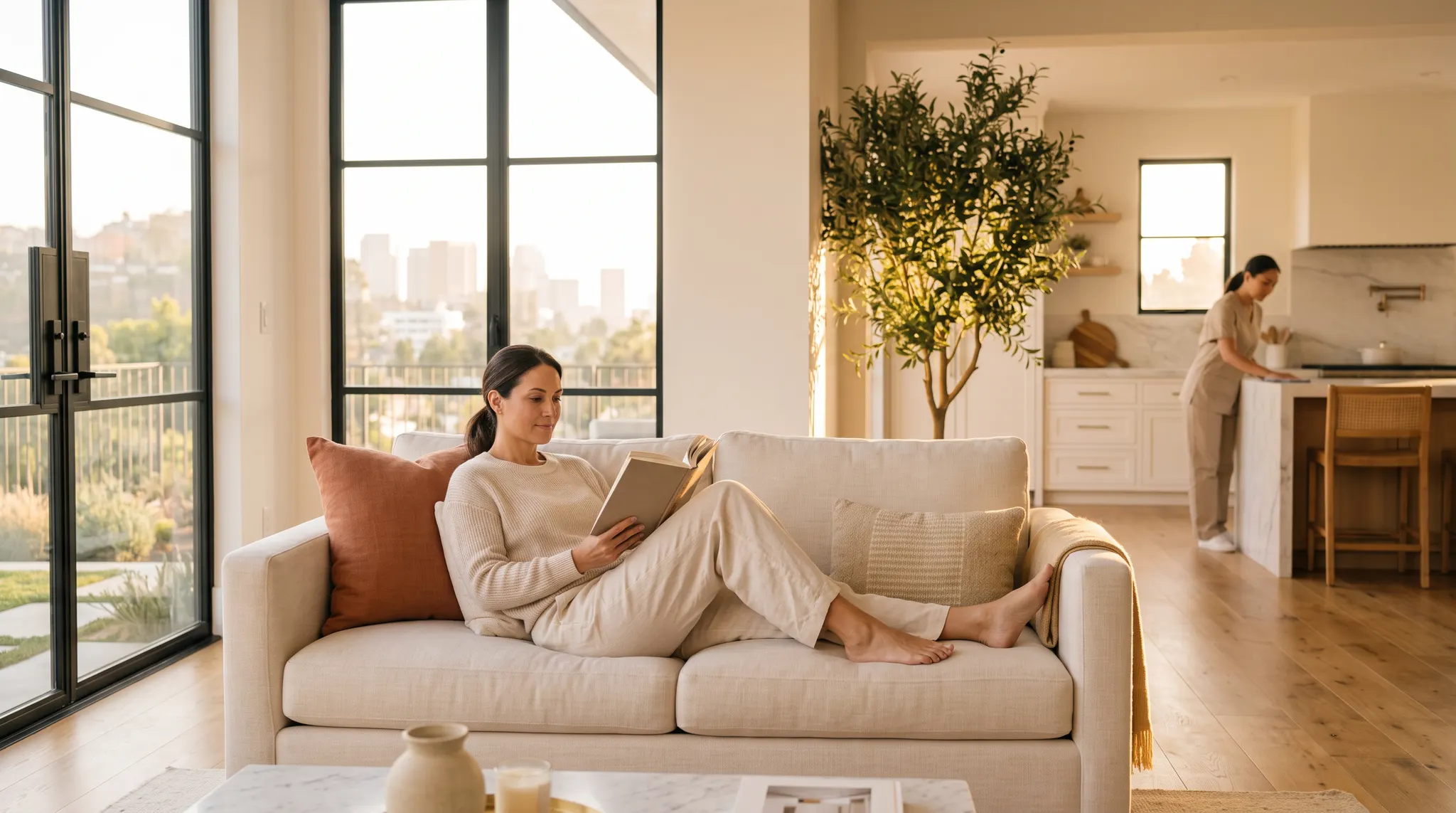 Homeowner reading in a sunlit Los Angeles living room while a cleaner finishes the kitchen