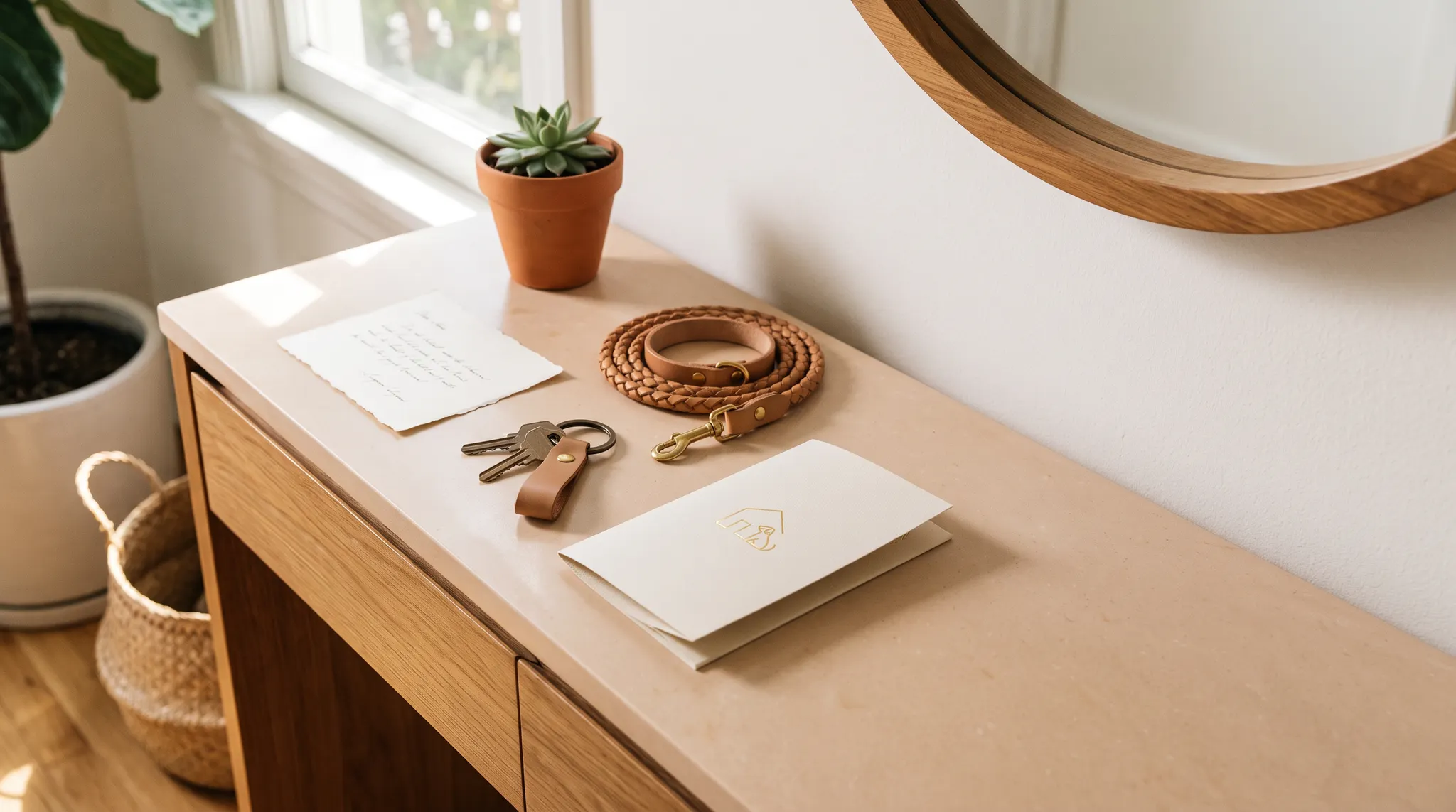 Keys, pet leash, and a concise home-access note arranged on a tidy entry console