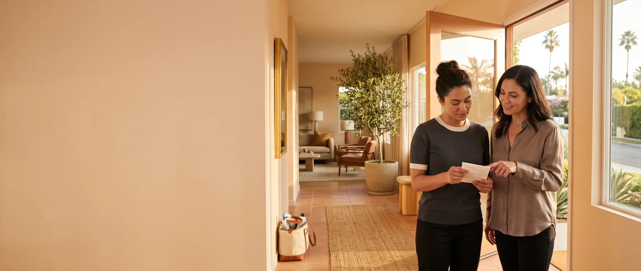 Homeowner and professional cleaner reviewing a pre-sale cleaning brief at the entry of a warm Los Angeles home
