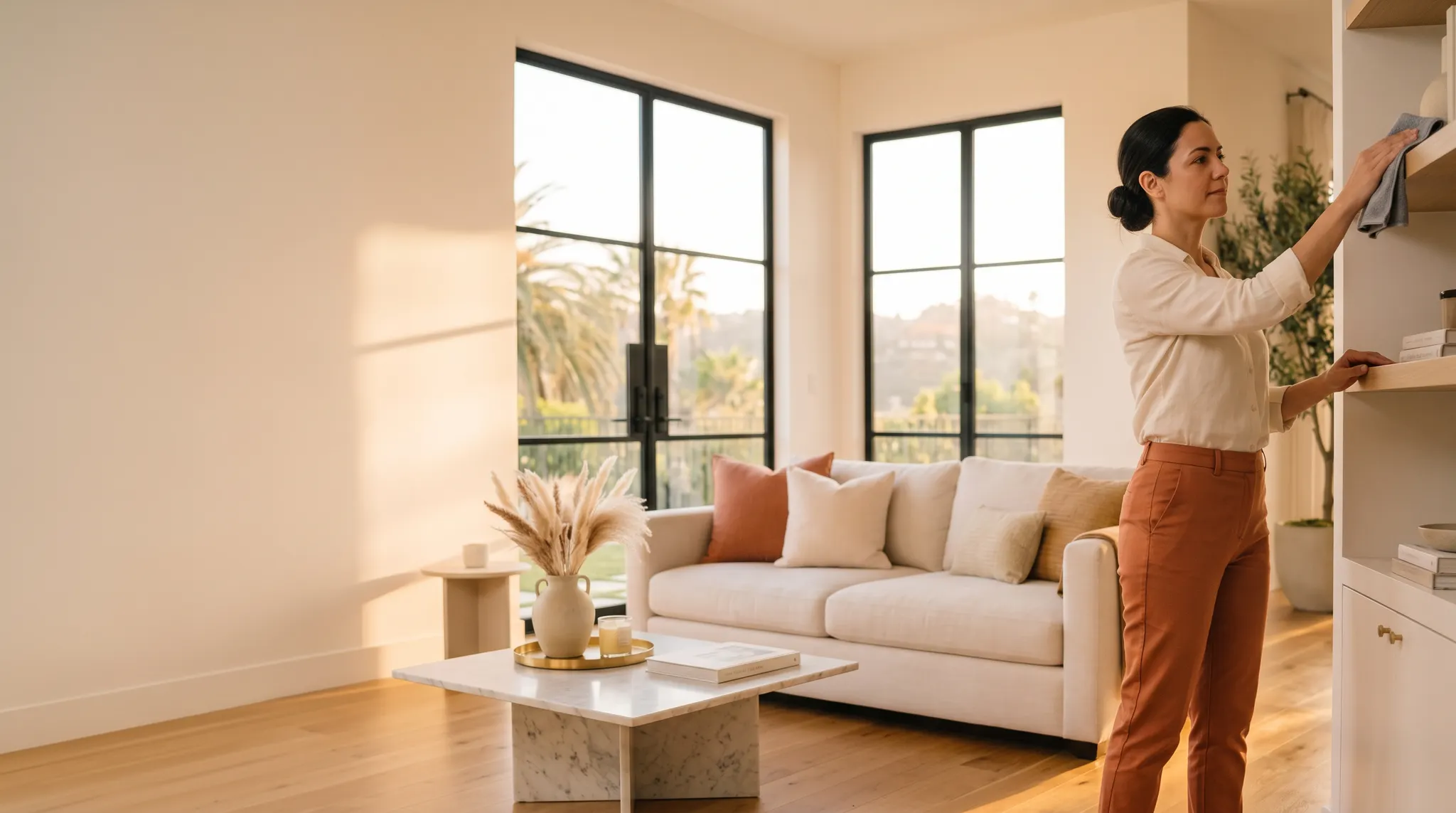 Professional cleaner dusting a high shelf in a warm sunlit Los Angeles living room